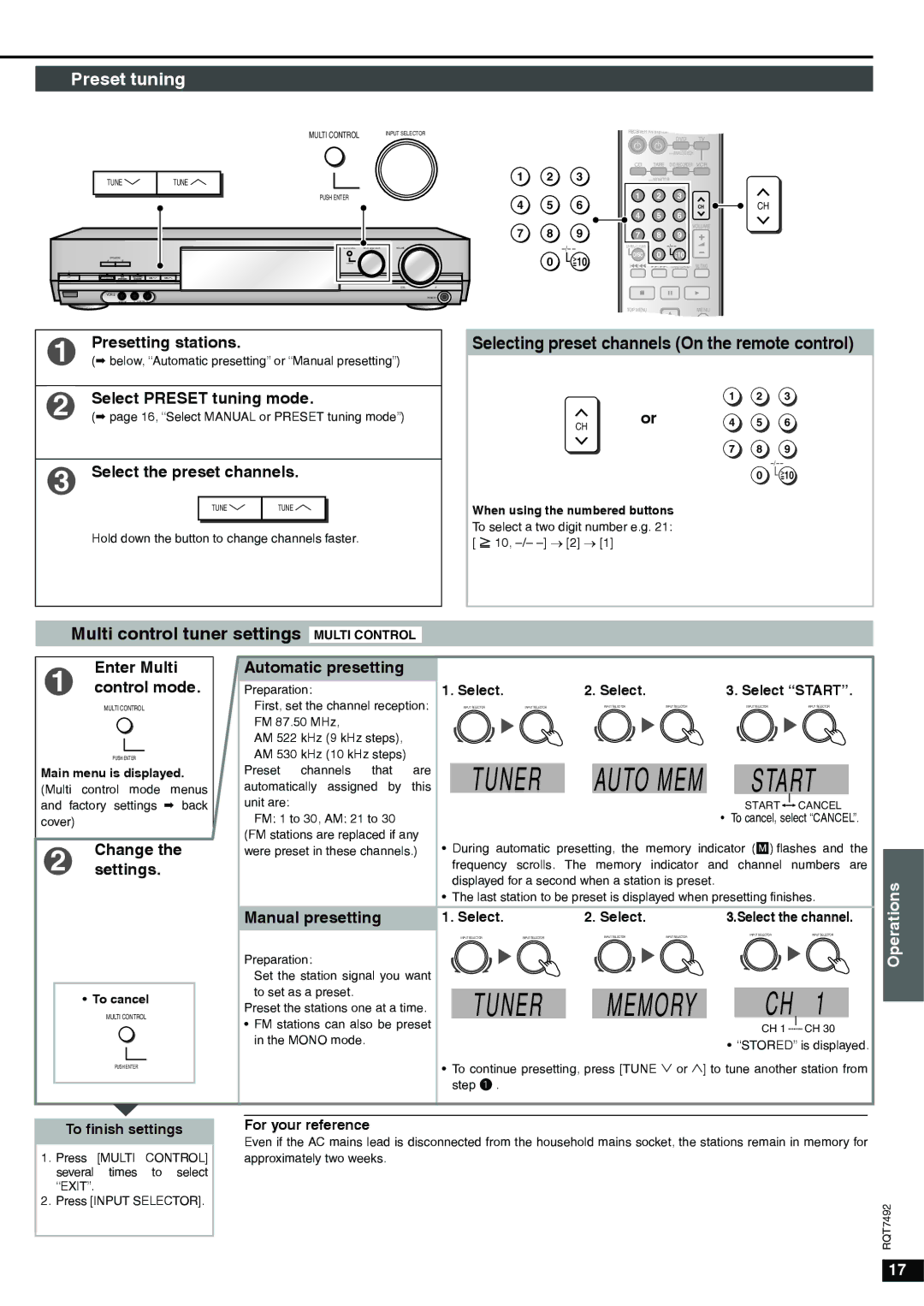 Panasonic SA-XR50 specifications Start, Preset tuning, Selecting preset channels On the remote control 