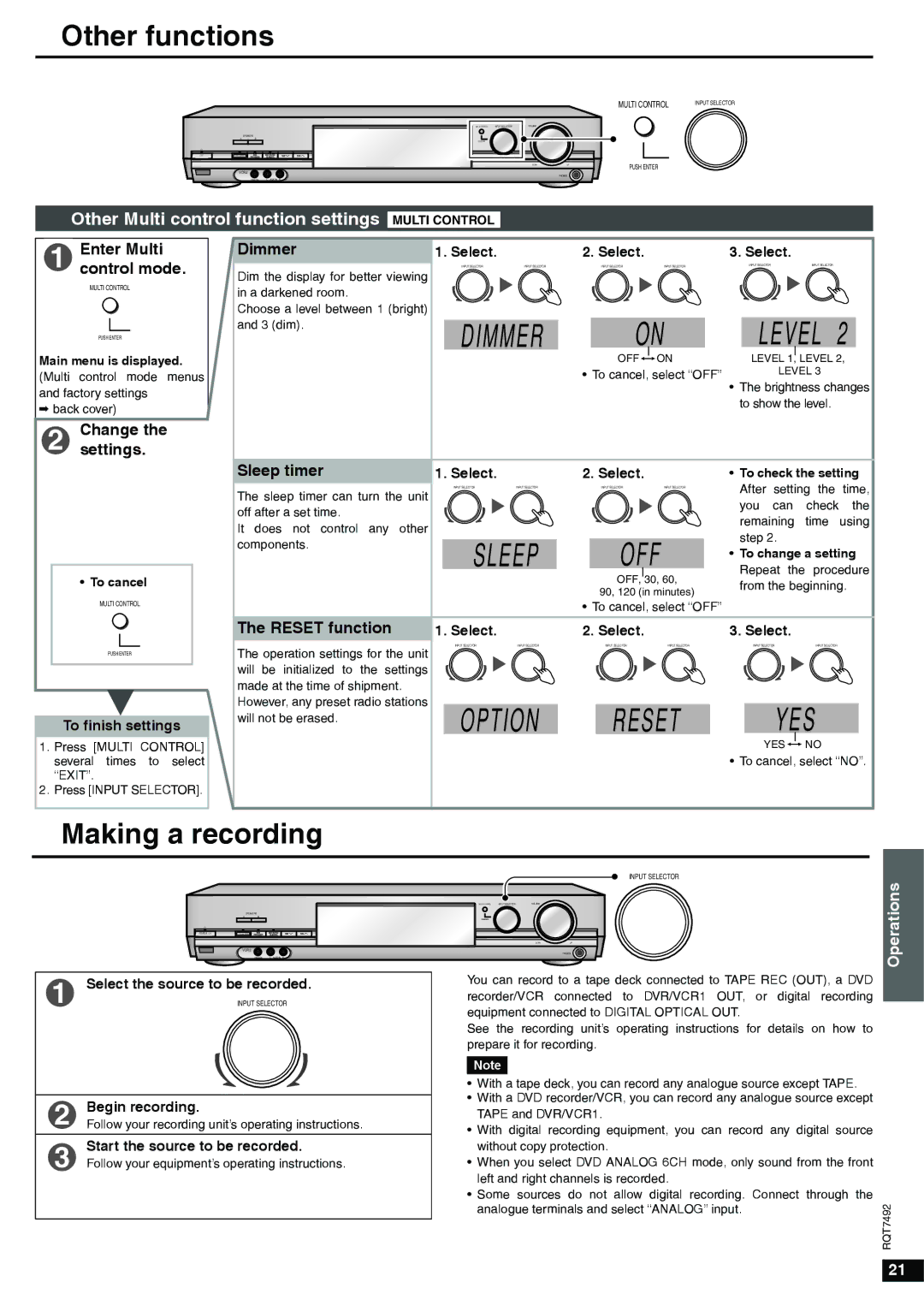 Panasonic SA-XR50 specifications Sleep OFF, Reset YES, Other functions, Level, Making a recording 