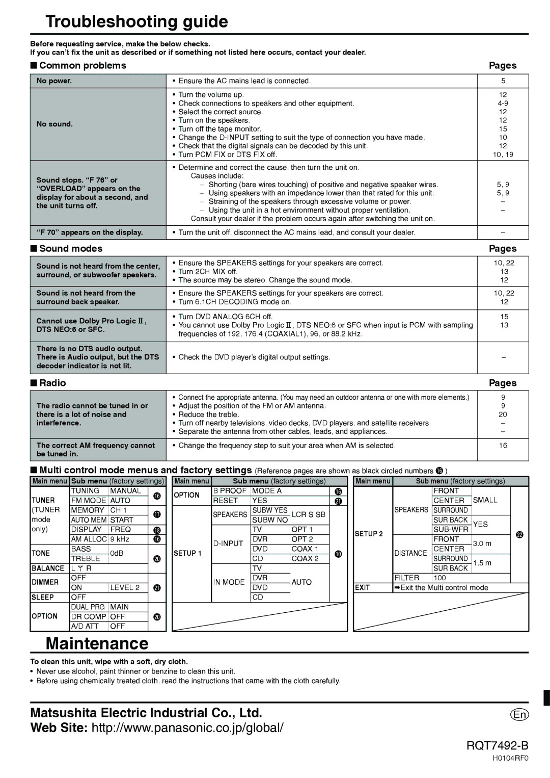 Panasonic SA-XR50 specifications Troubleshooting guide, Maintenance, Common problems Pages, Sound modes Pages, Radio Pages 