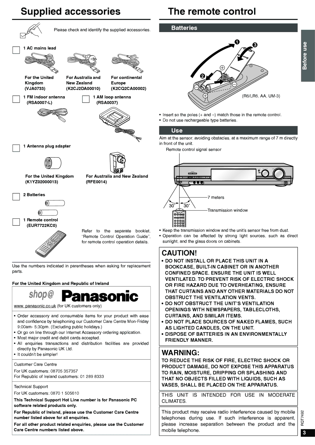 Panasonic SA-XR50 specifications Supplied accessories, Remote control, Batteries, Use 