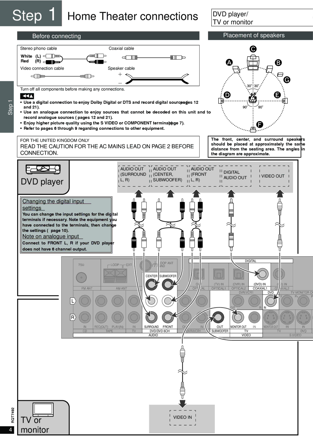 Panasonic SA-XR50 Home Theater connections, Before connecting, Placement of speakers, Changing the digital input settings 