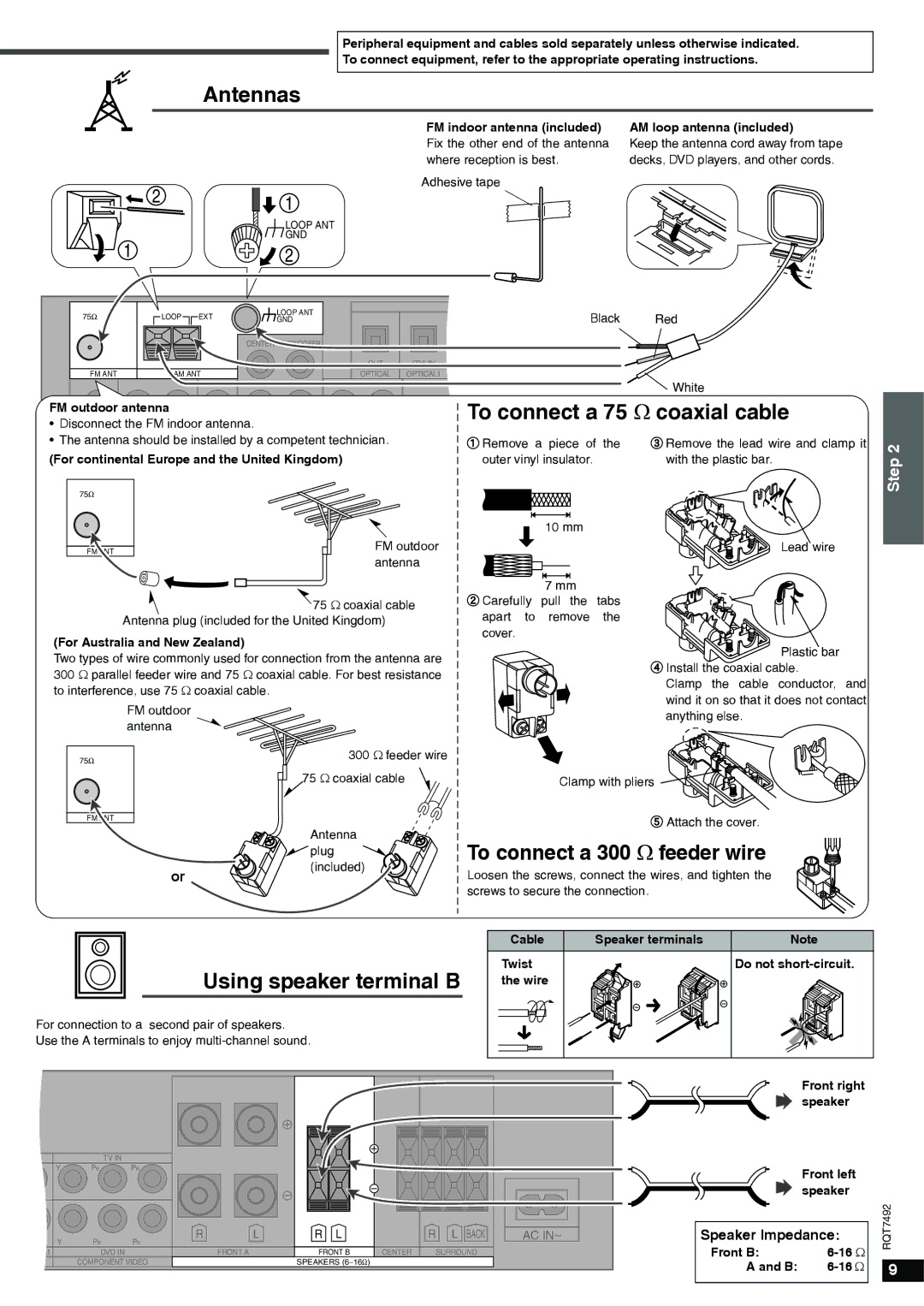 Panasonic SA-XR50 specifications Antennas, To connect a 300 Ω feeder wire, Using speaker terminal B 