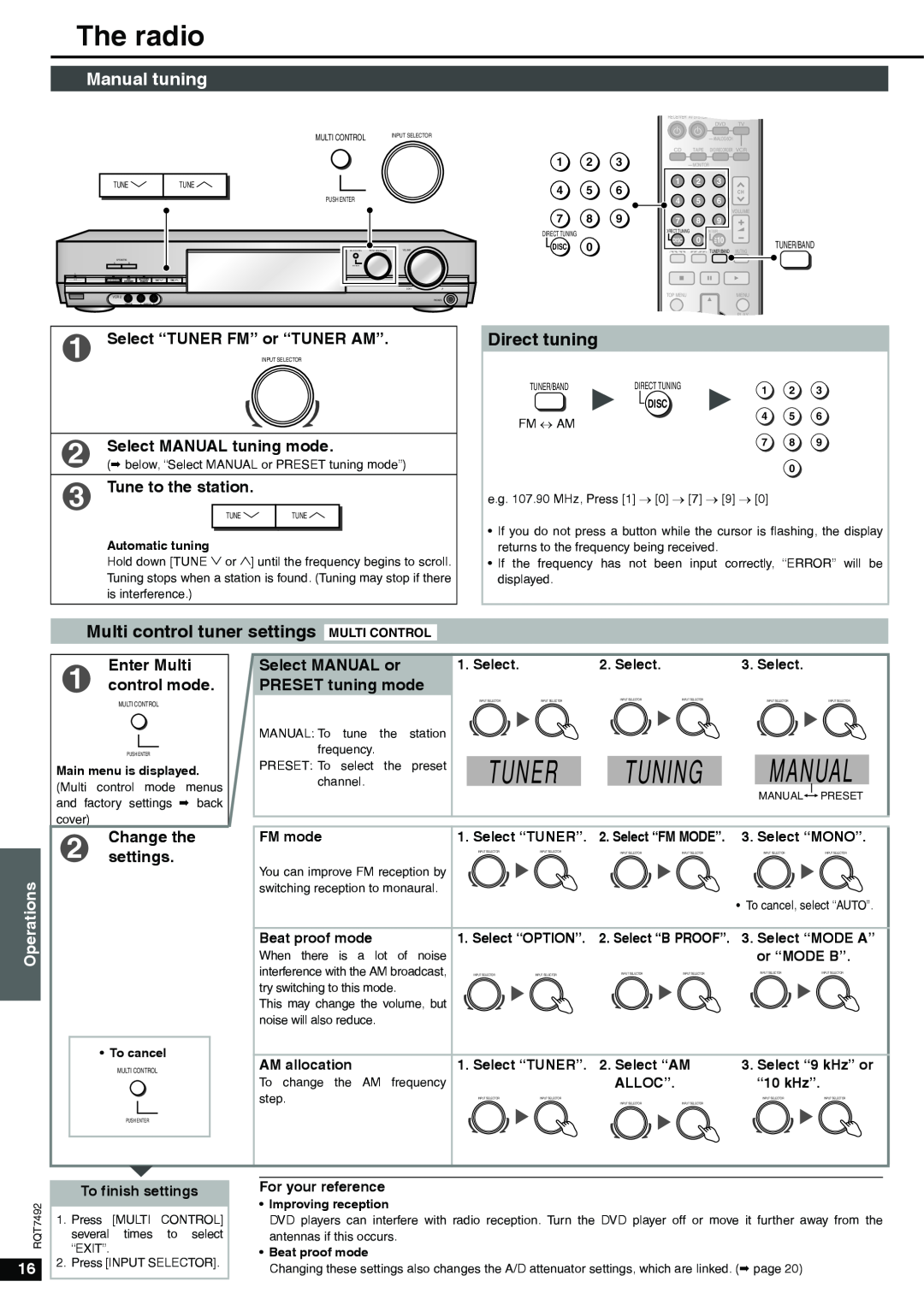 Panasonic SA-XR50 Tuner Tuning Manual, The radio, Manual tuning, Select “TUNER FM” or “TUNER AM”, Tune to the station 