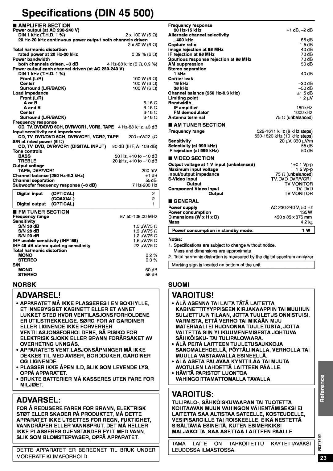 Panasonic SA-XR50 specifications Specifications DIN, Advarsel, Varoitus 