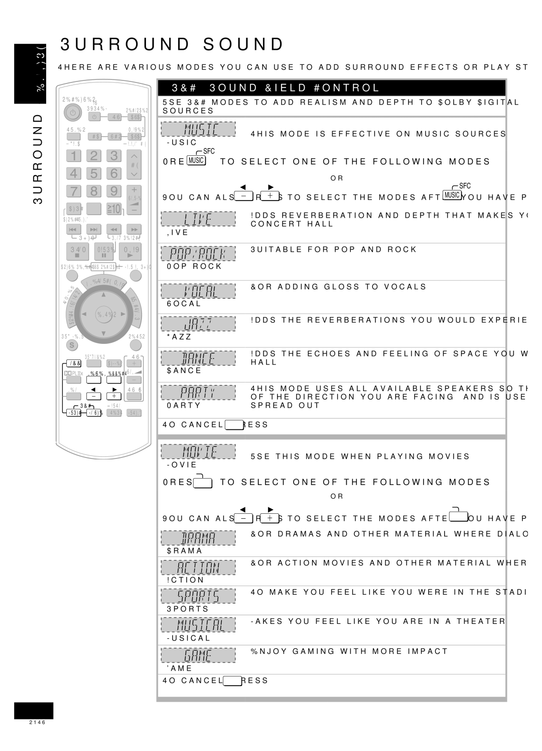 Panasonic SA-XR58 manual Surround sound, SFC Sound Field Control, Press Music to select one of the following modes, Sfc 