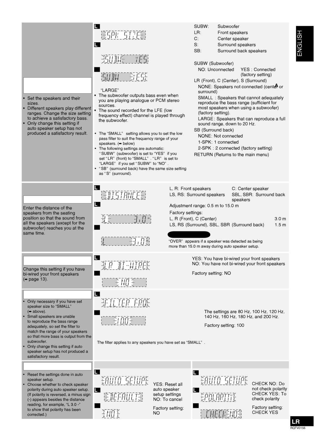 Panasonic SA-XR58 manual Speaker and size Settings, Distance, LR BI-WIRE setting, Low-pass filter, Auto Setup 