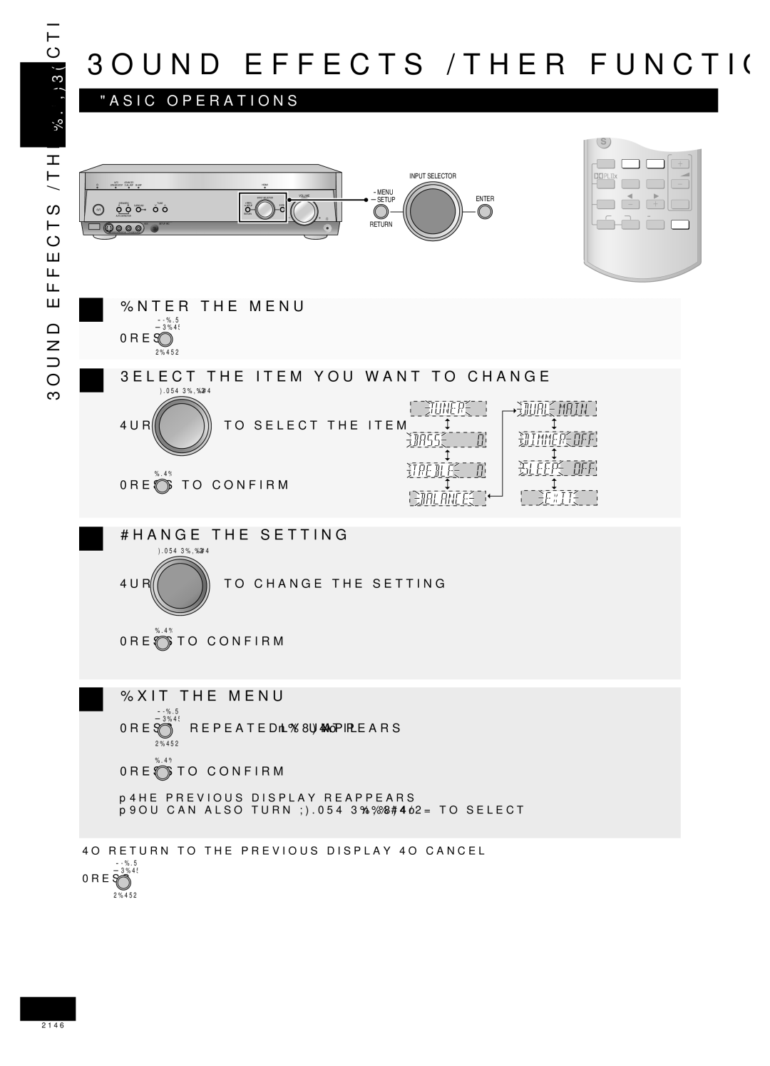 Panasonic SA-XR58 manual Sound effects/Other functions, Enter the menu, Turn To select the item 