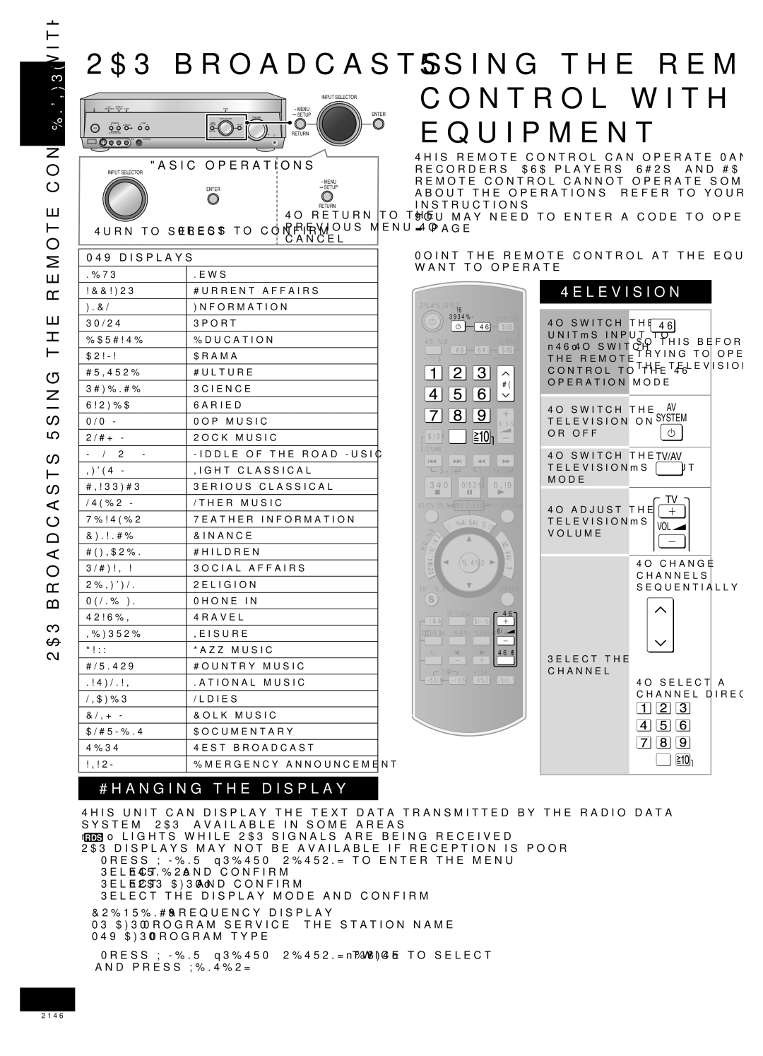 Panasonic SA-XR58 manual RDS broadcasts, Changing the display, Television 