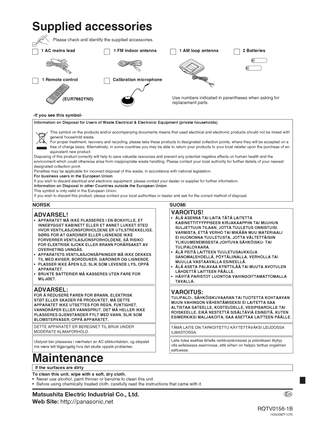 Panasonic SA-XR58 manual Supplied accessories, Maintenance, Web Site http//panasonic.net 