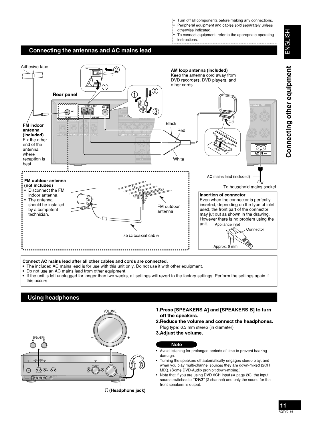 Panasonic SA-XR58 manual equipment, Connecting other, Connecting the antennas and AC mains lead, English, BlackVIDEO 