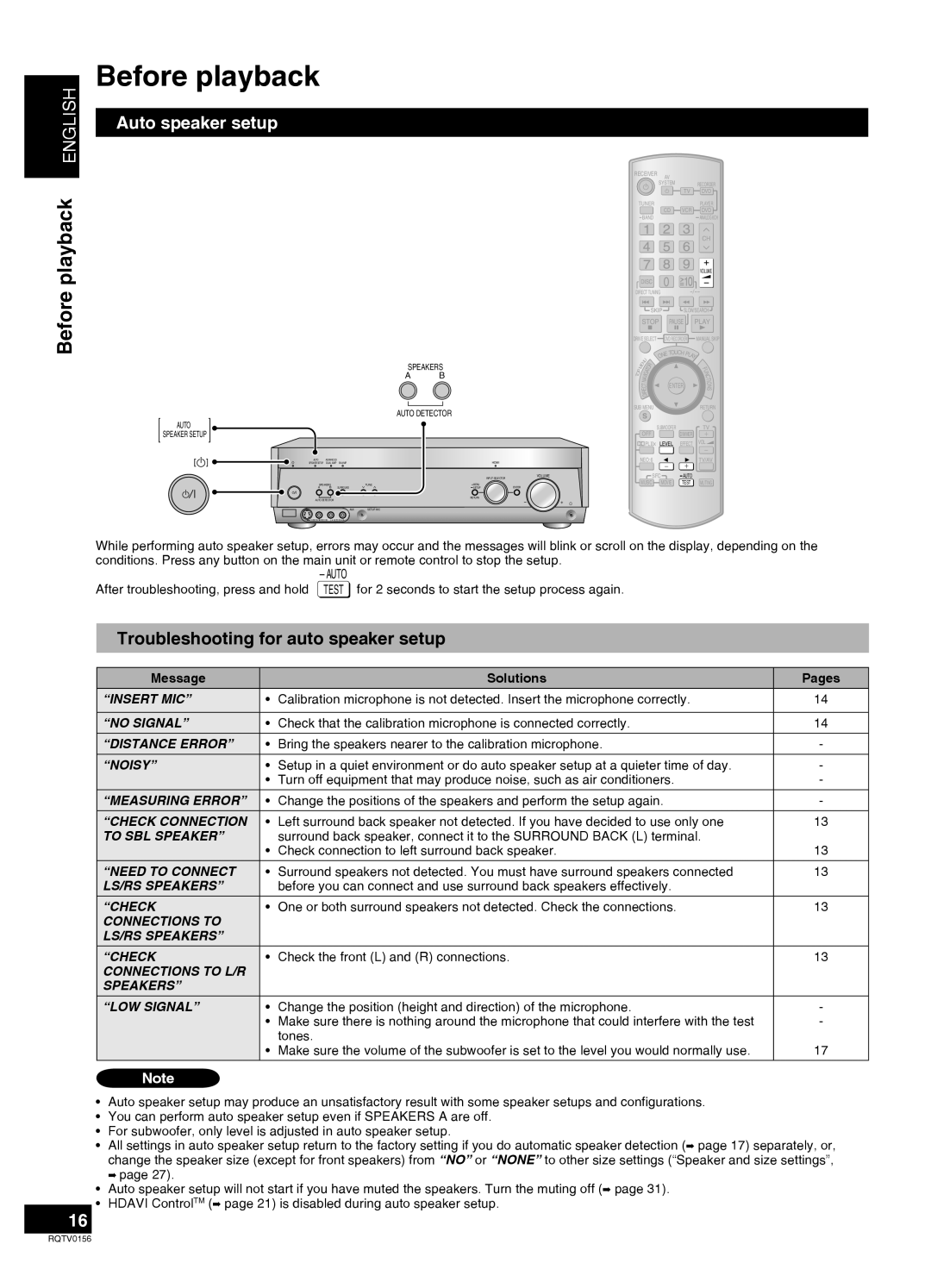 Panasonic SA-XR58 manual Before playback, Troubleshooting for auto speaker setup, English, Auto speaker setup, “Insert Mic” 