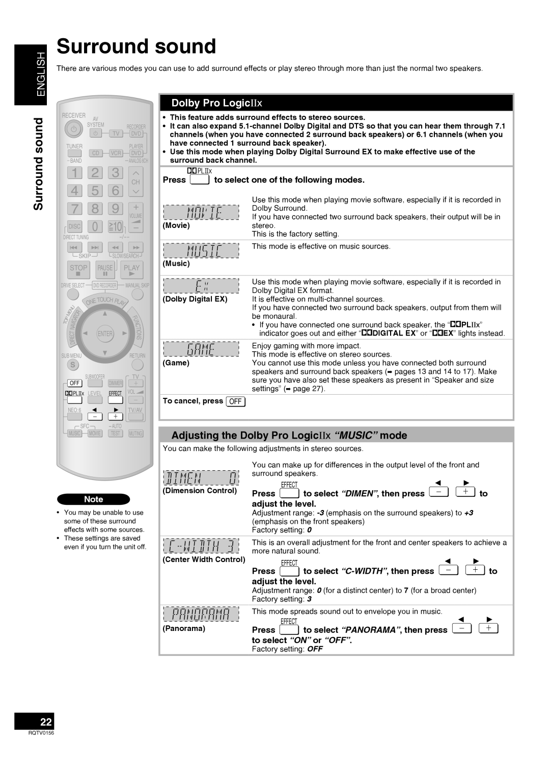 Panasonic SA-XR58 manual Surround sound, Adjusting the Dolby Pro LogicΙΙx “MUSIC” mode, English 