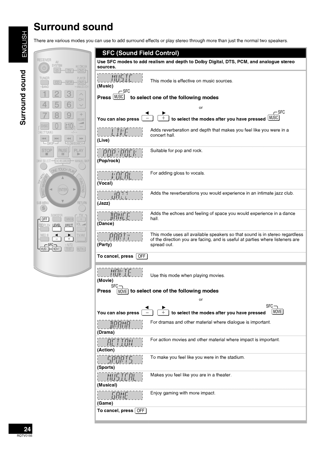 Panasonic SA-XR58 manual Surround sound, SFC Sound Field Control, English 