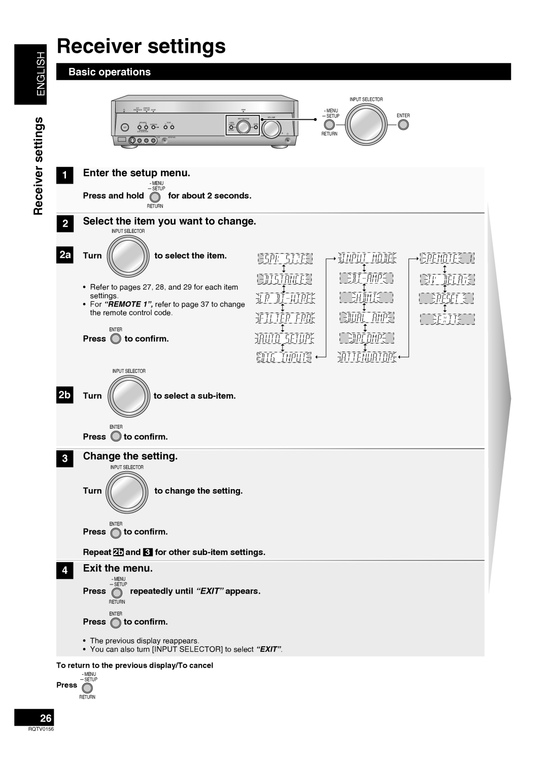 Panasonic SA-XR58 manual Receiver settings, settings ENGLISH, Basic operations, 1Enter the setup menu, 3Change the setting 