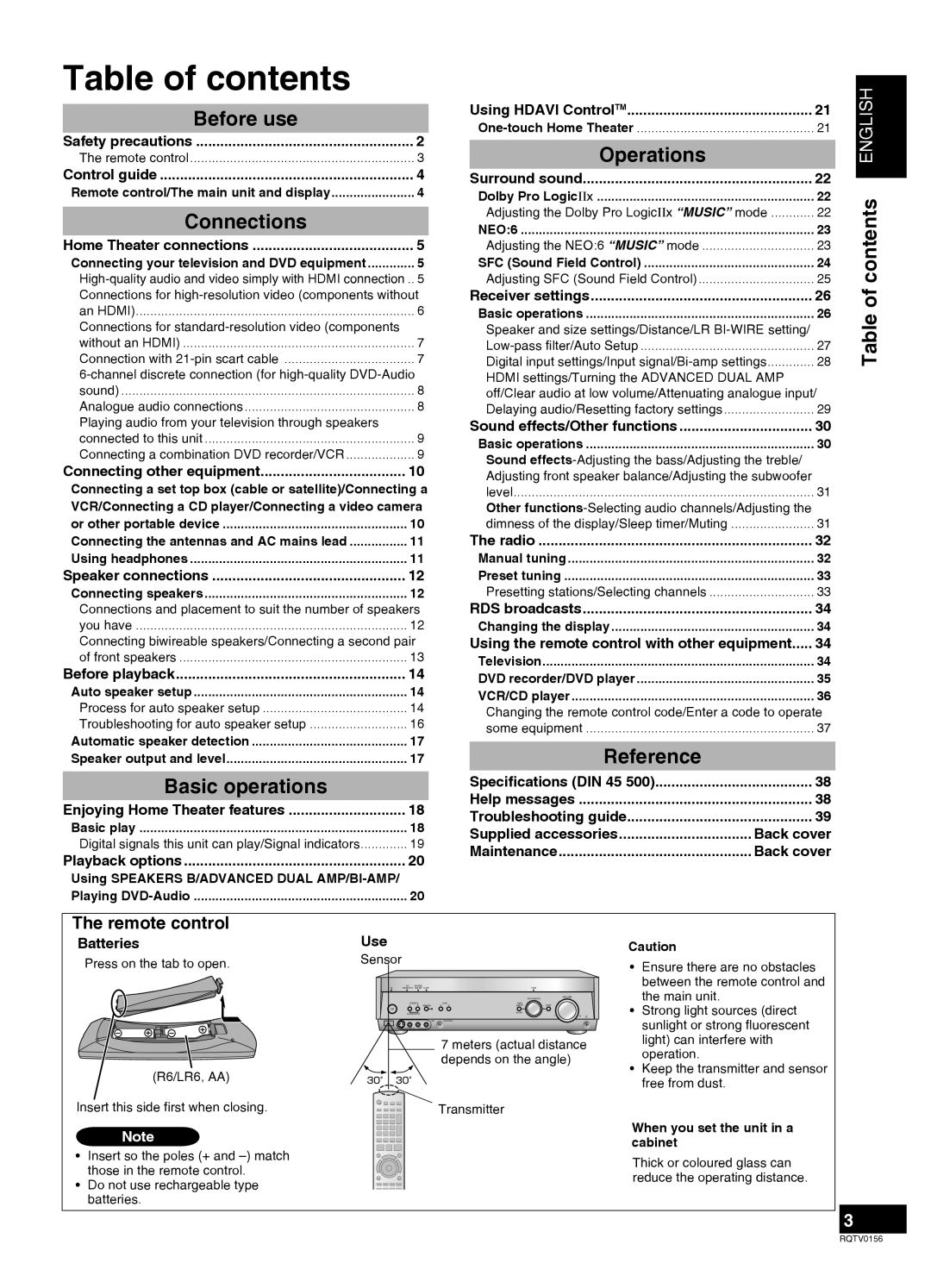 Panasonic SA-XR58 manual Operations, Reference, Table of contents ENGLISH, Before use, Connections, Basic operations 