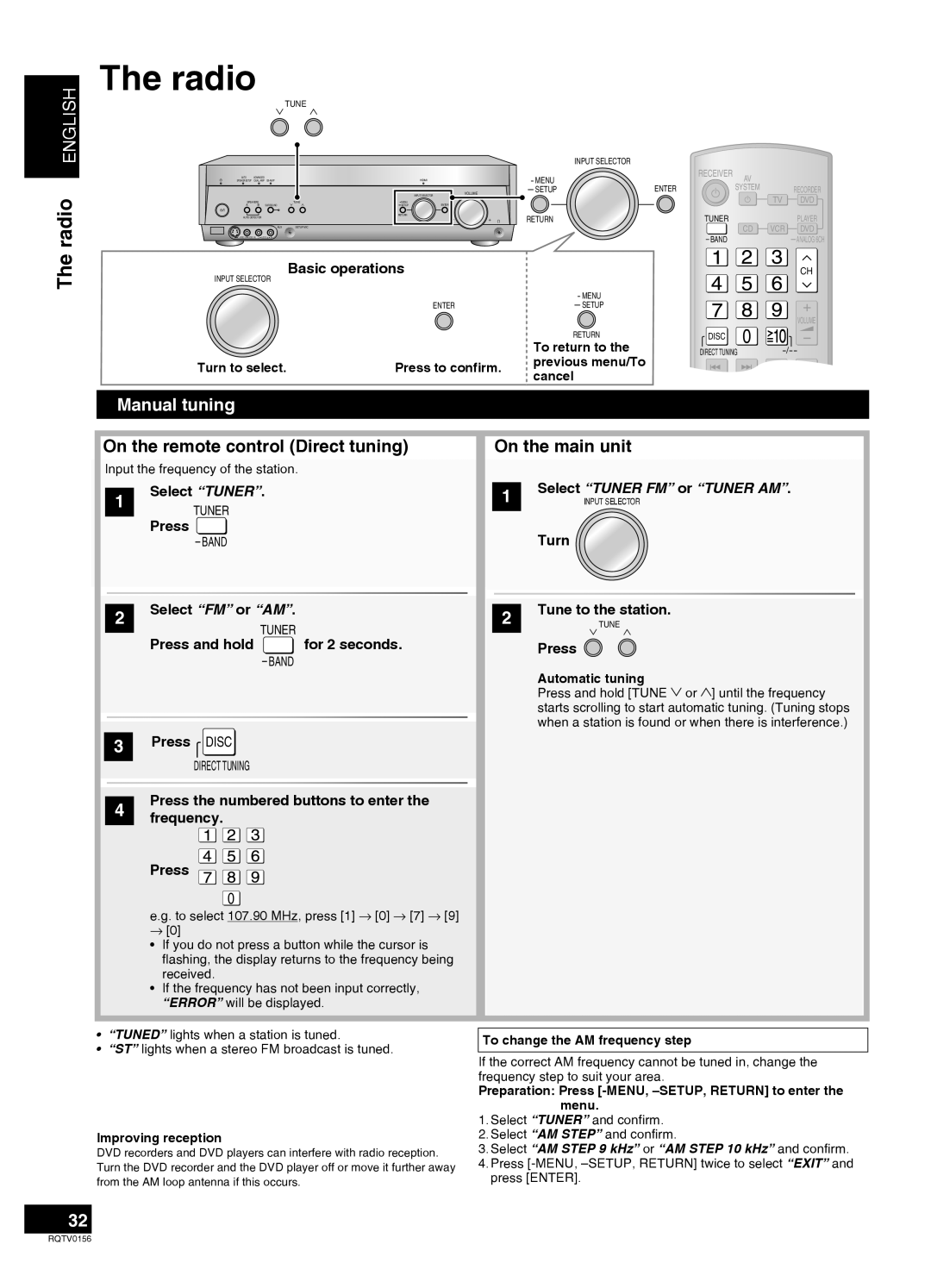 Panasonic SA-XR58 manual The radio, radio ENGLISH, Manual tuning, On the remote control Direct tuning, On the main unit 