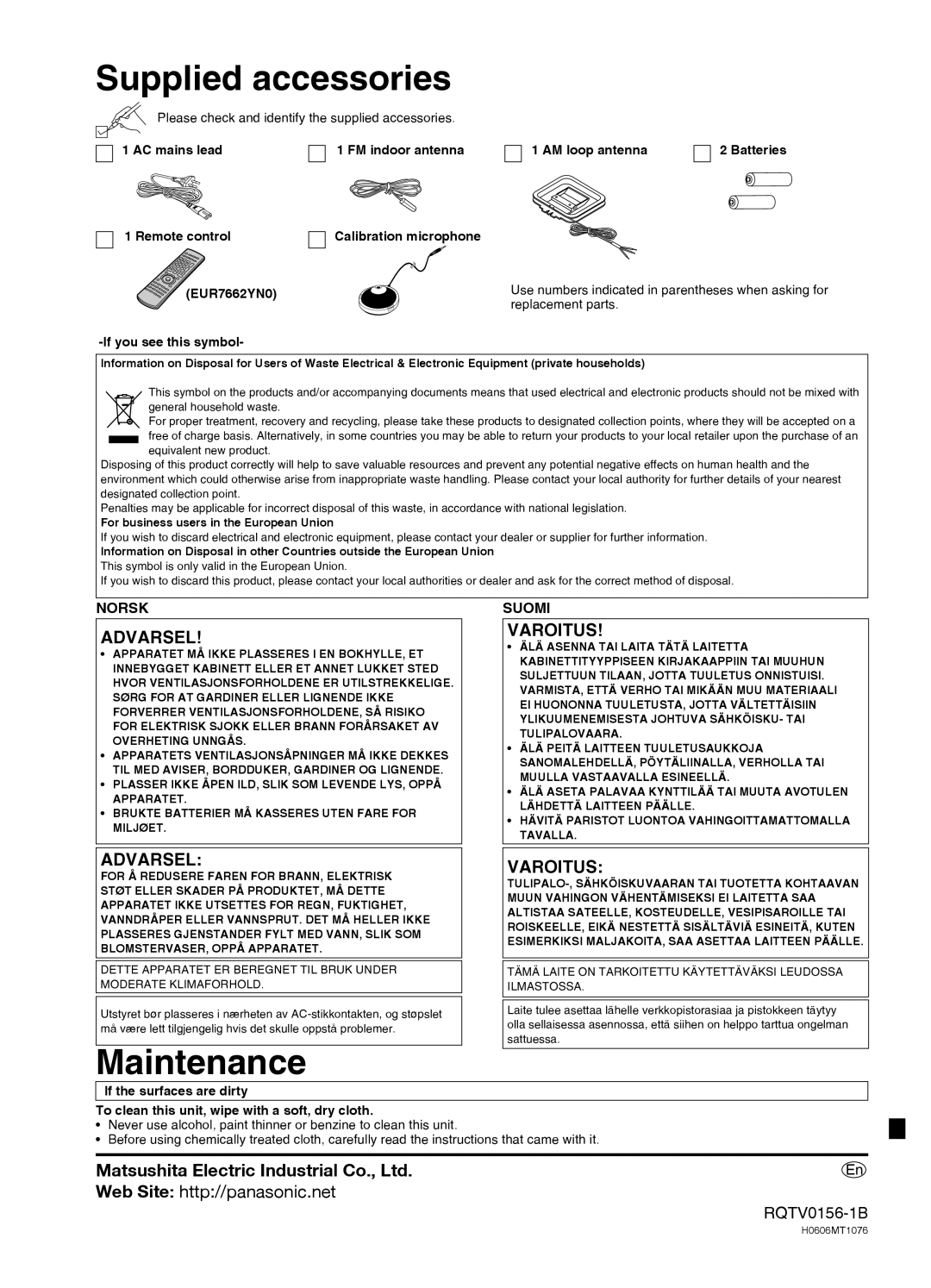 Panasonic SA-XR58 manual Supplied accessories, Maintenance, Advarsel, Varoitus, RQTV0156-1B 