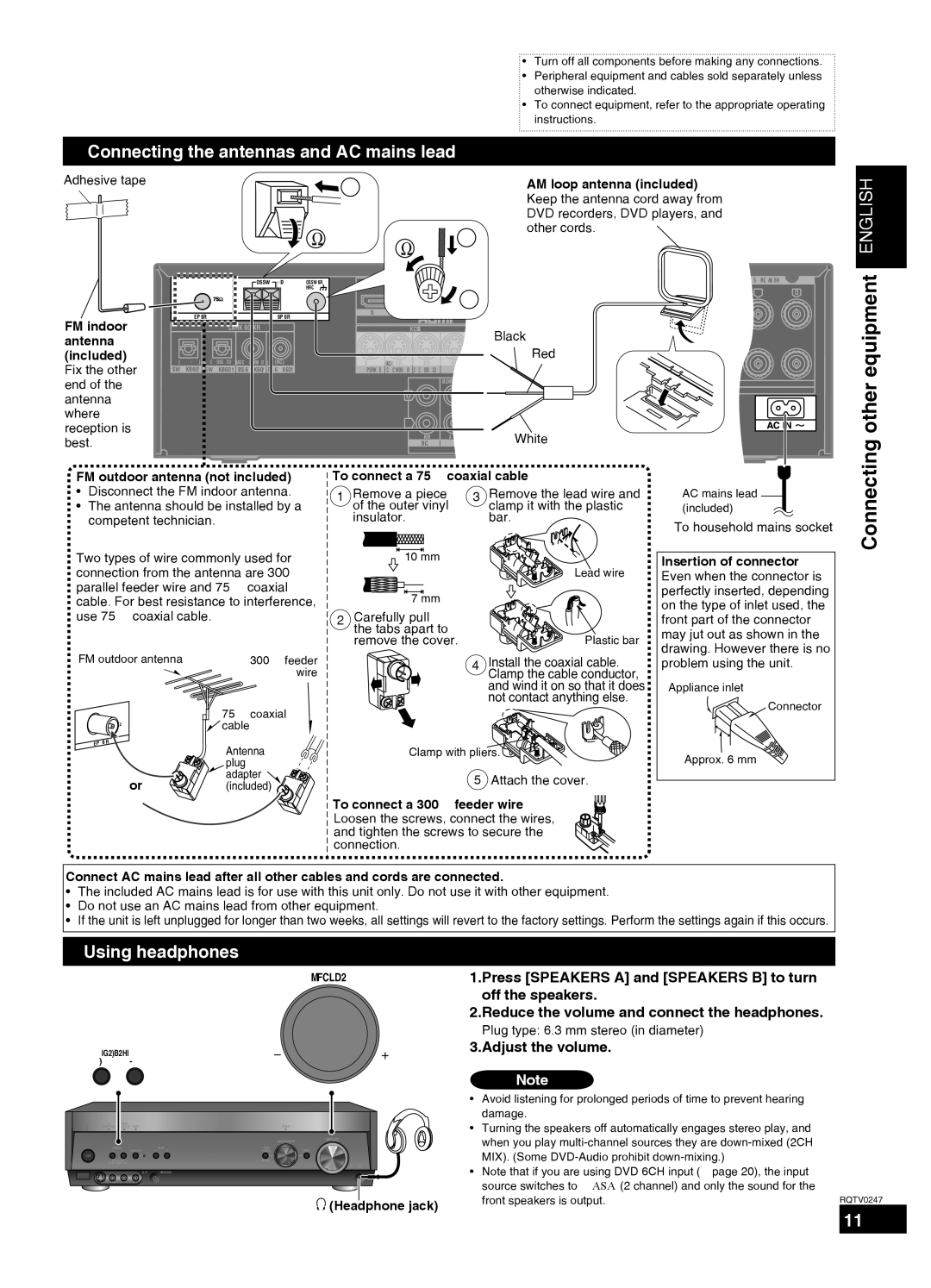 Panasonic SA-XR59 Other equipment English, Connecting the antennas and AC mains lead, Using headphones, Adjust the volume 