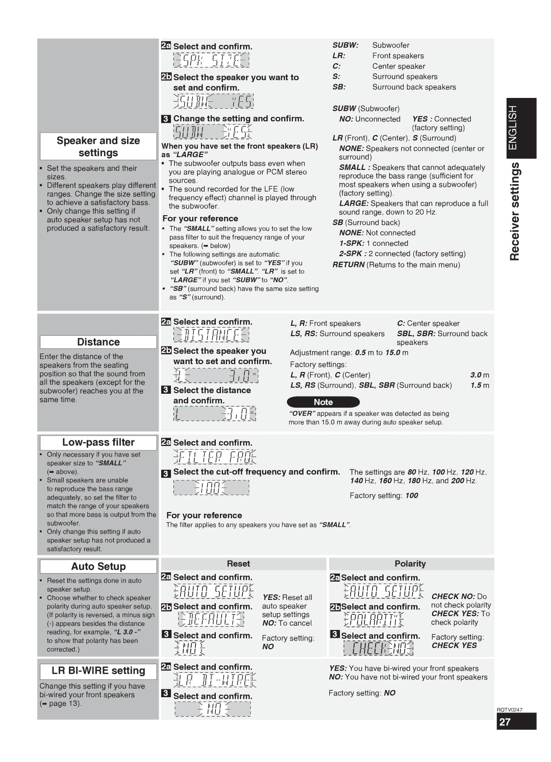 Panasonic SA-XR59 manual Receiver settings English 