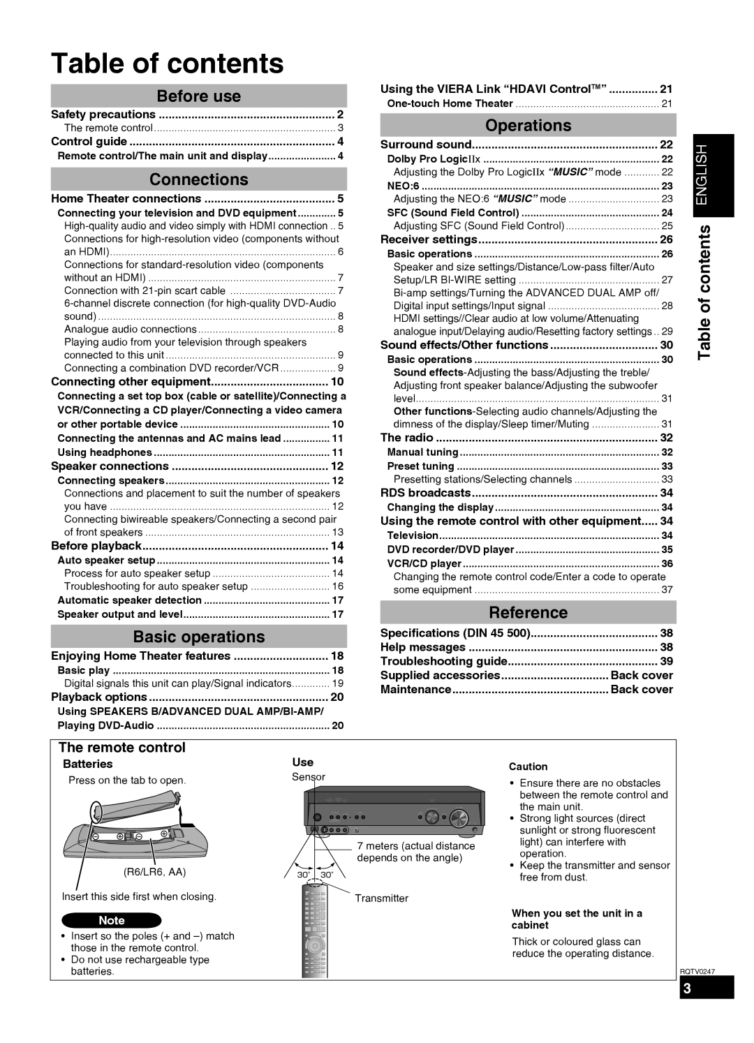 Panasonic SA-XR59 manual Table of contents 