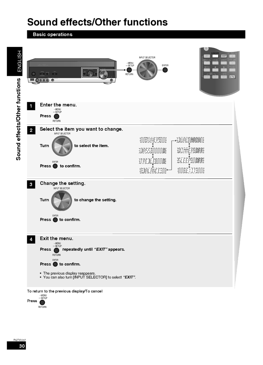 Panasonic SA-XR59 manual Sound effects/Other functions, Enter the menu, Press, Turn To select the item 