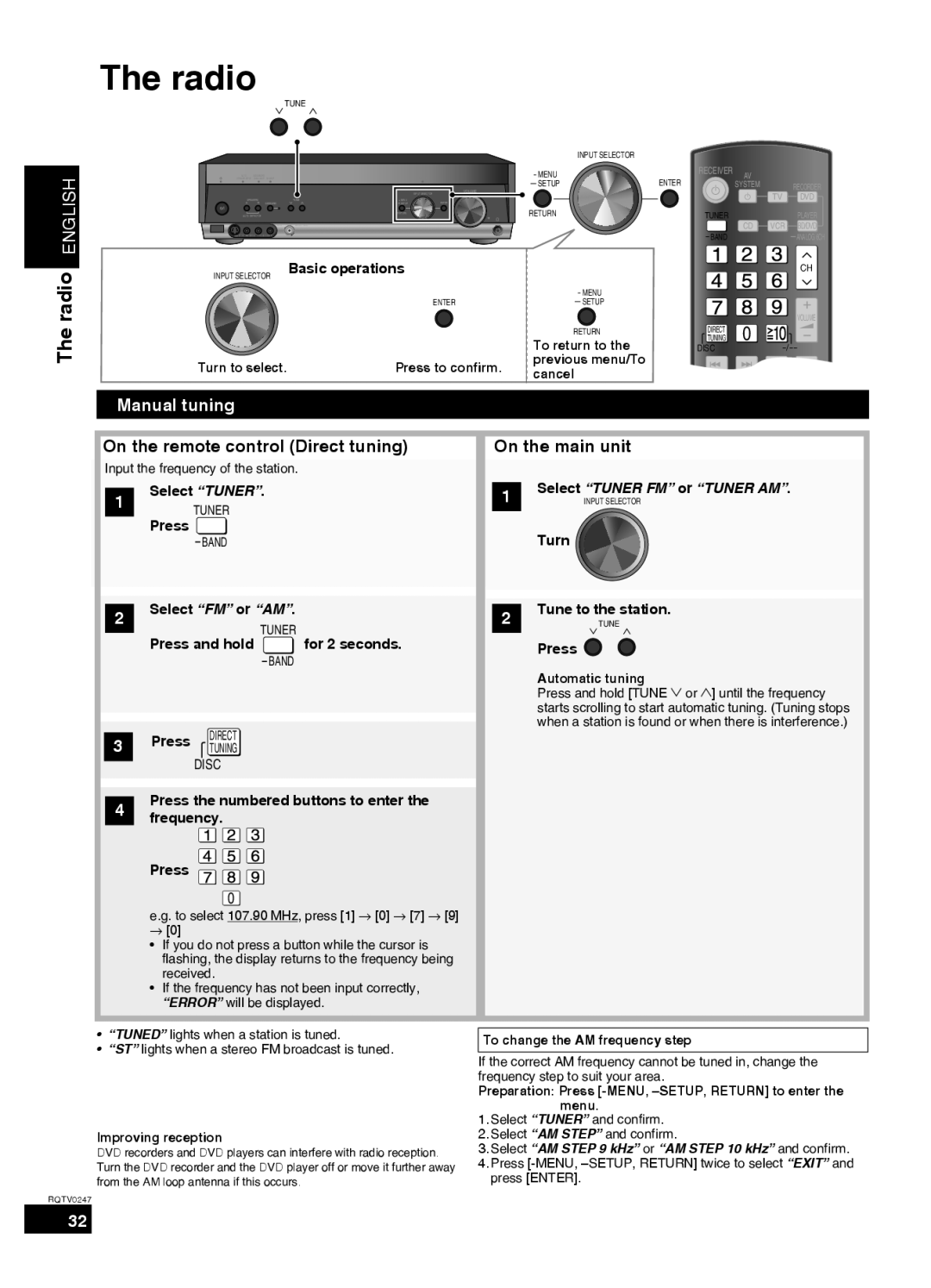 Panasonic SA-XR59 manual Radio, Manual tuning, On the remote control Direct tuning On the main unit 