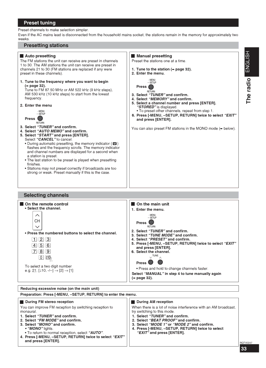 Panasonic SA-XR59 manual Radio English, Preset tuning, Presetting stations, Selecting channels 