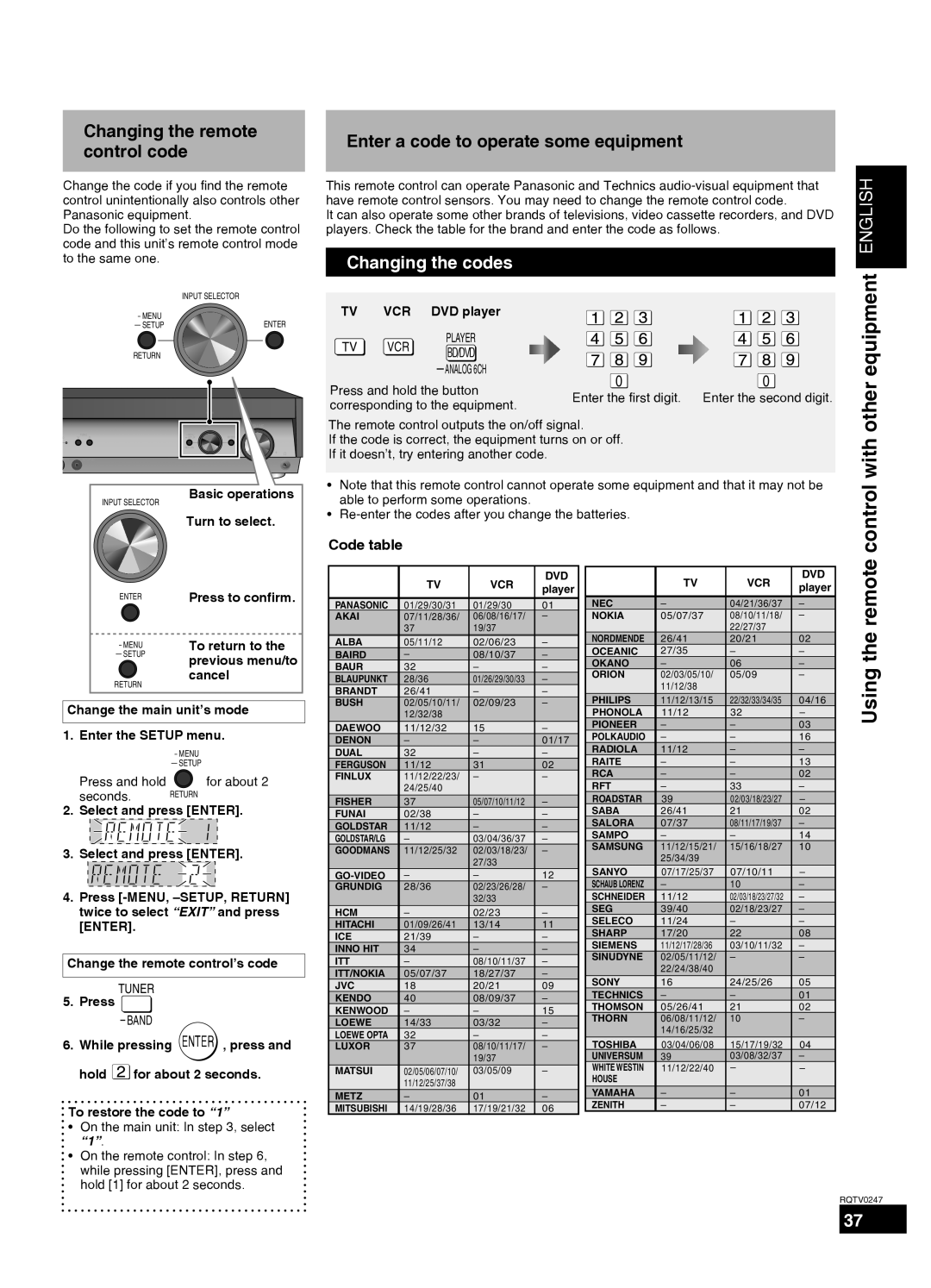 Panasonic SA-XR59 Using the remote, Changing the remote control code, Enter a code to operate some equipment, Code table 