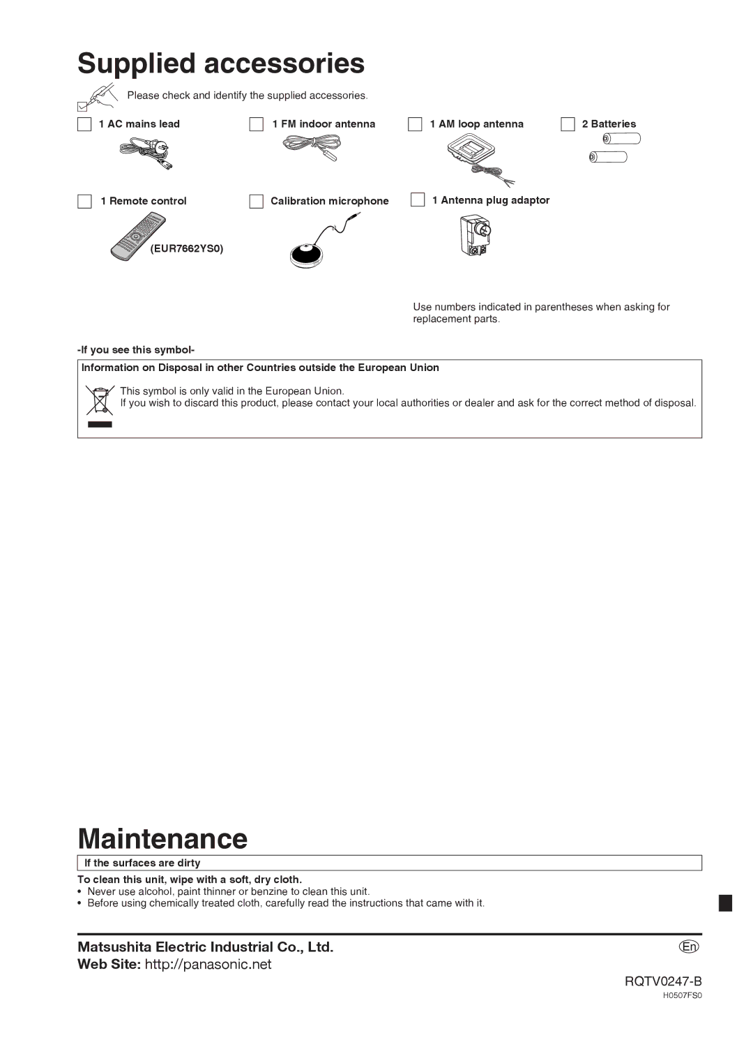 Panasonic SA-XR59 manual Supplied accessories, Maintenance, Web Site http//panasonic.net 