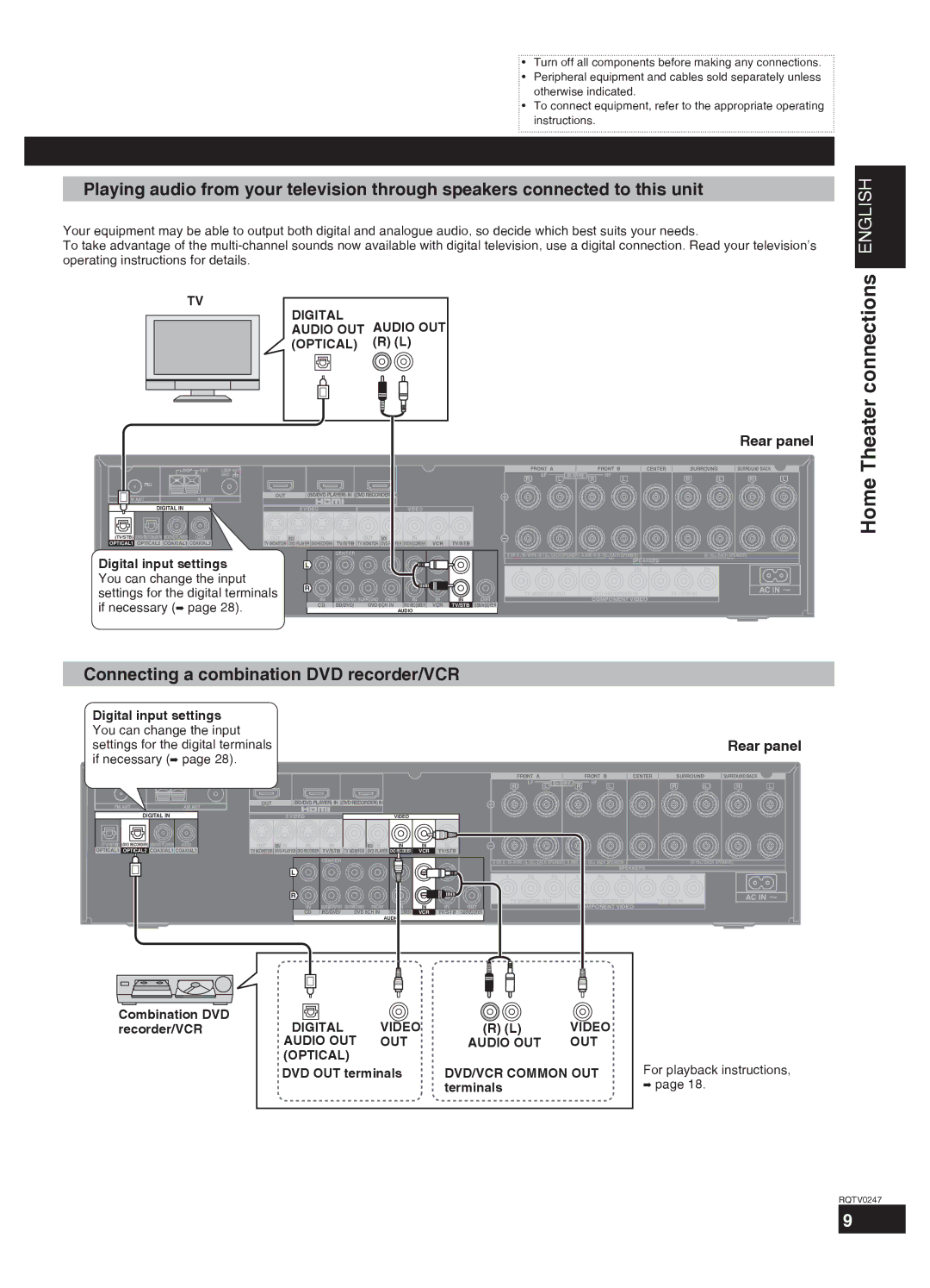 Panasonic SA-XR59 manual Theater connections English, Home, Connecting a combination DVD recorder/VCR 