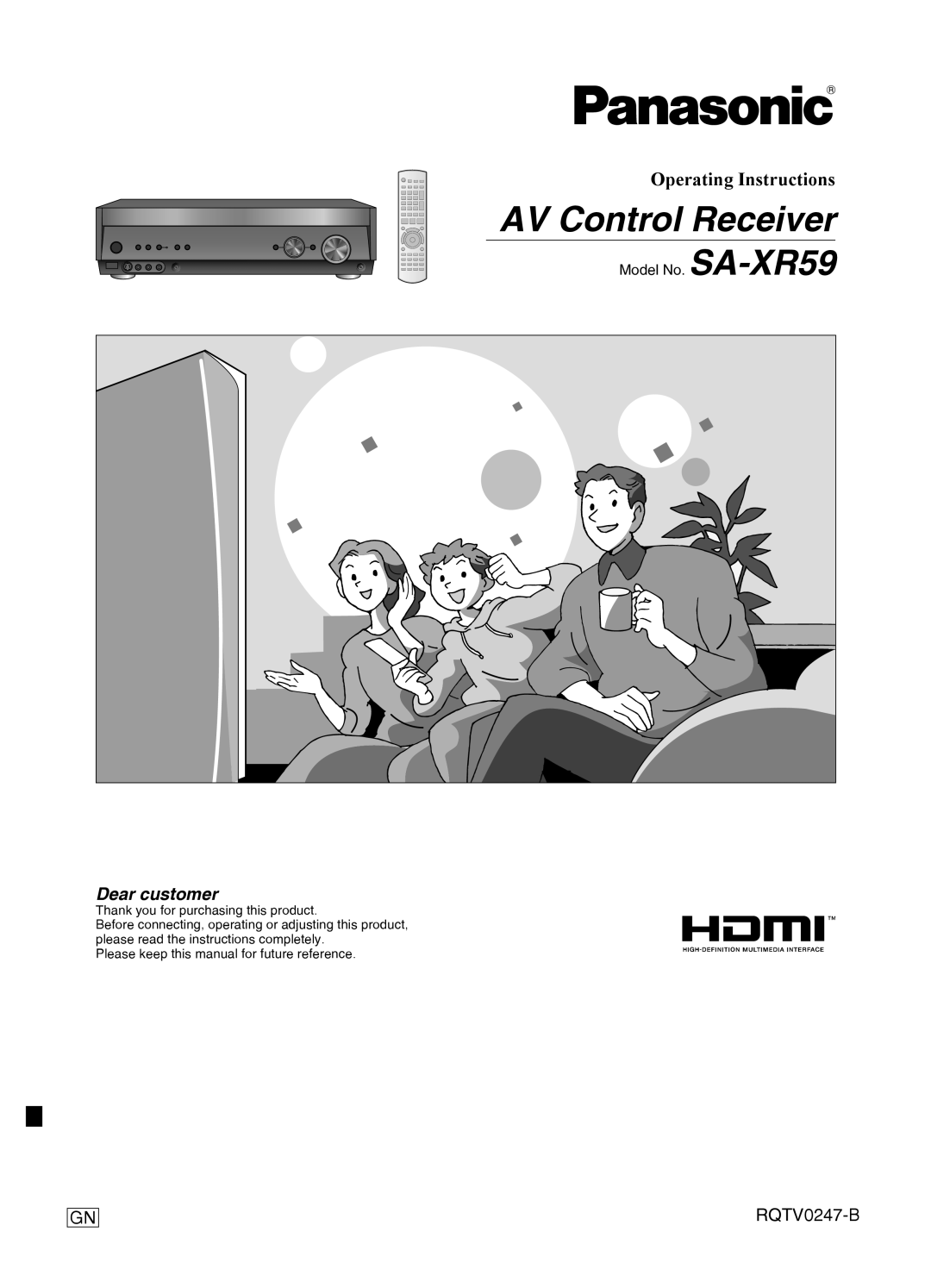 Panasonic manual Model No. SA-XR59, AV Control Receiver, Operating Instructions, RQTV0247-B 