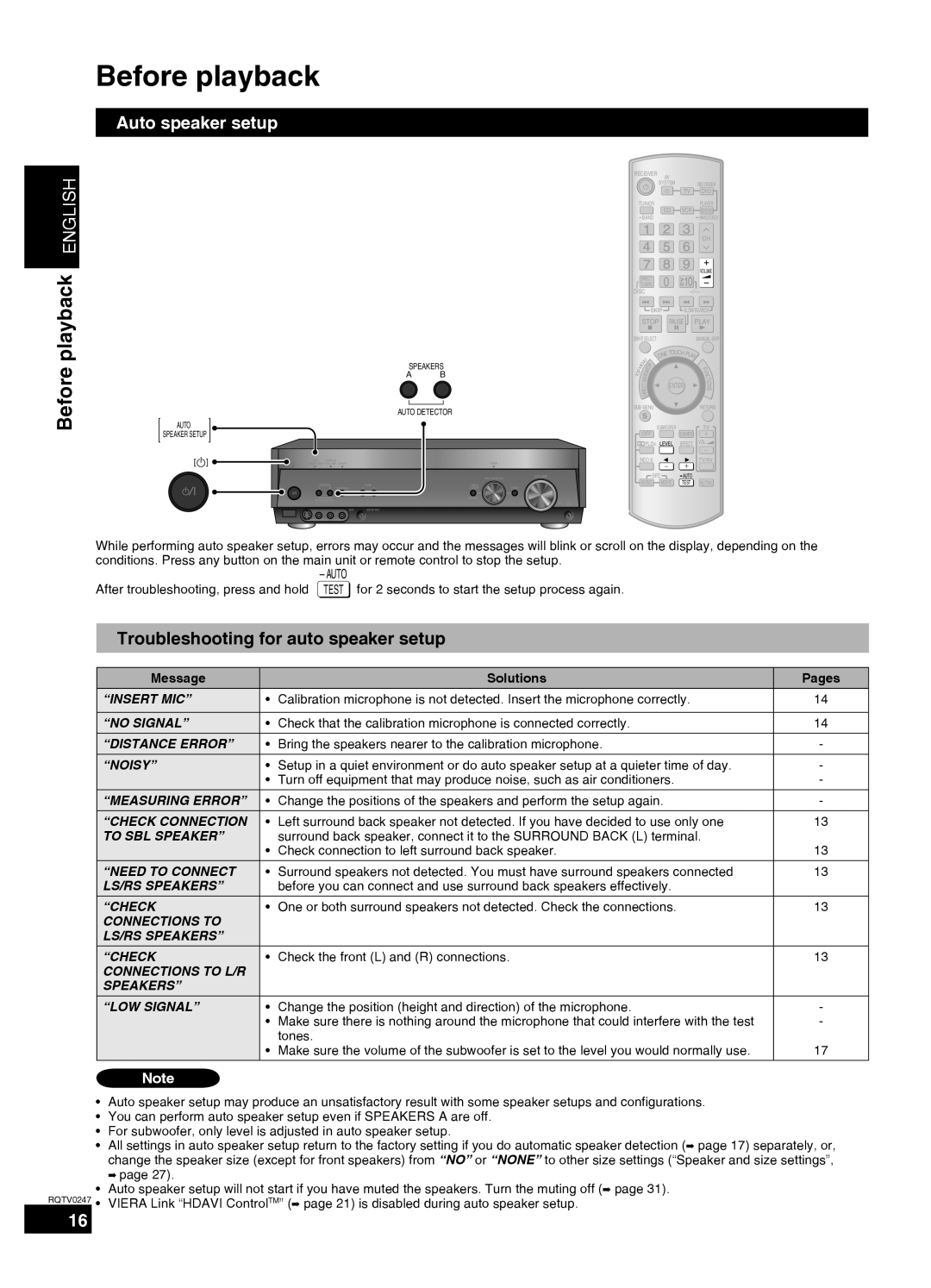 Panasonic SA-XR59 Troubleshooting for auto speaker setup, Before playback ENGLISH, Auto speaker setup, “Insert Mic” 
