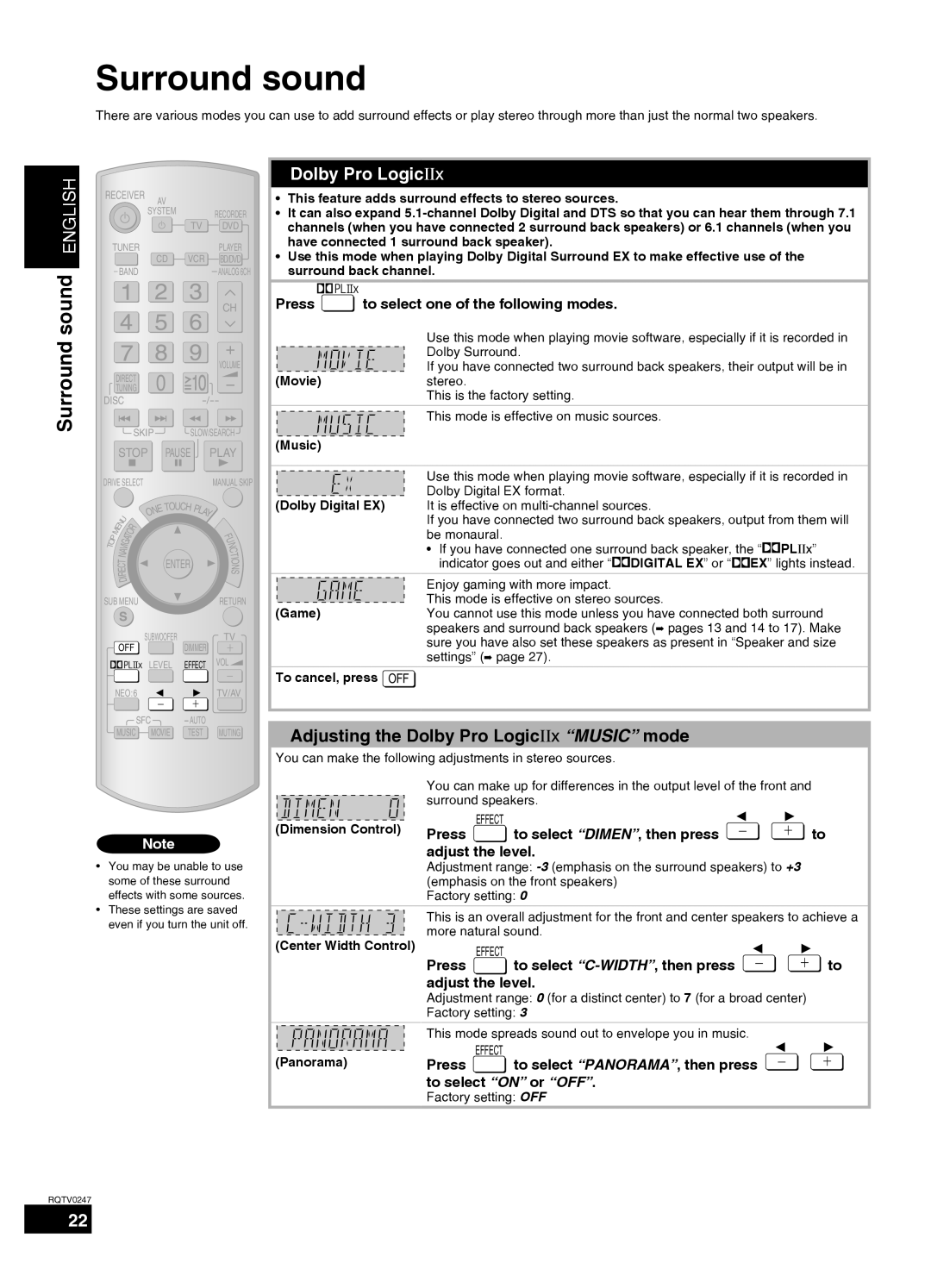 Panasonic SA-XR59 manual Surround sound, Adjusting the Dolby Pro LogicΙΙx “MUSIC” mode, English 