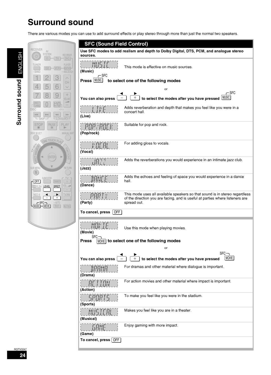 Panasonic SA-XR59 manual Surround sound, SFC Sound Field Control, English 