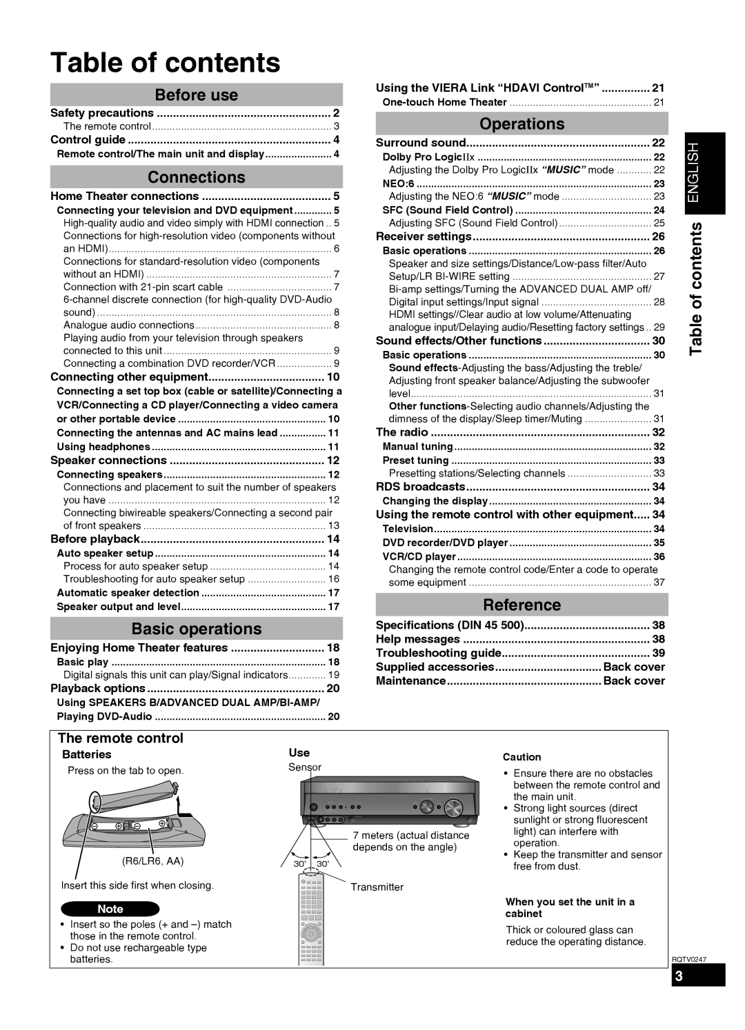 Panasonic SA-XR59 manual Operations, Reference, Table of contents ENGLISH, Before use, Connections, Basic operations 