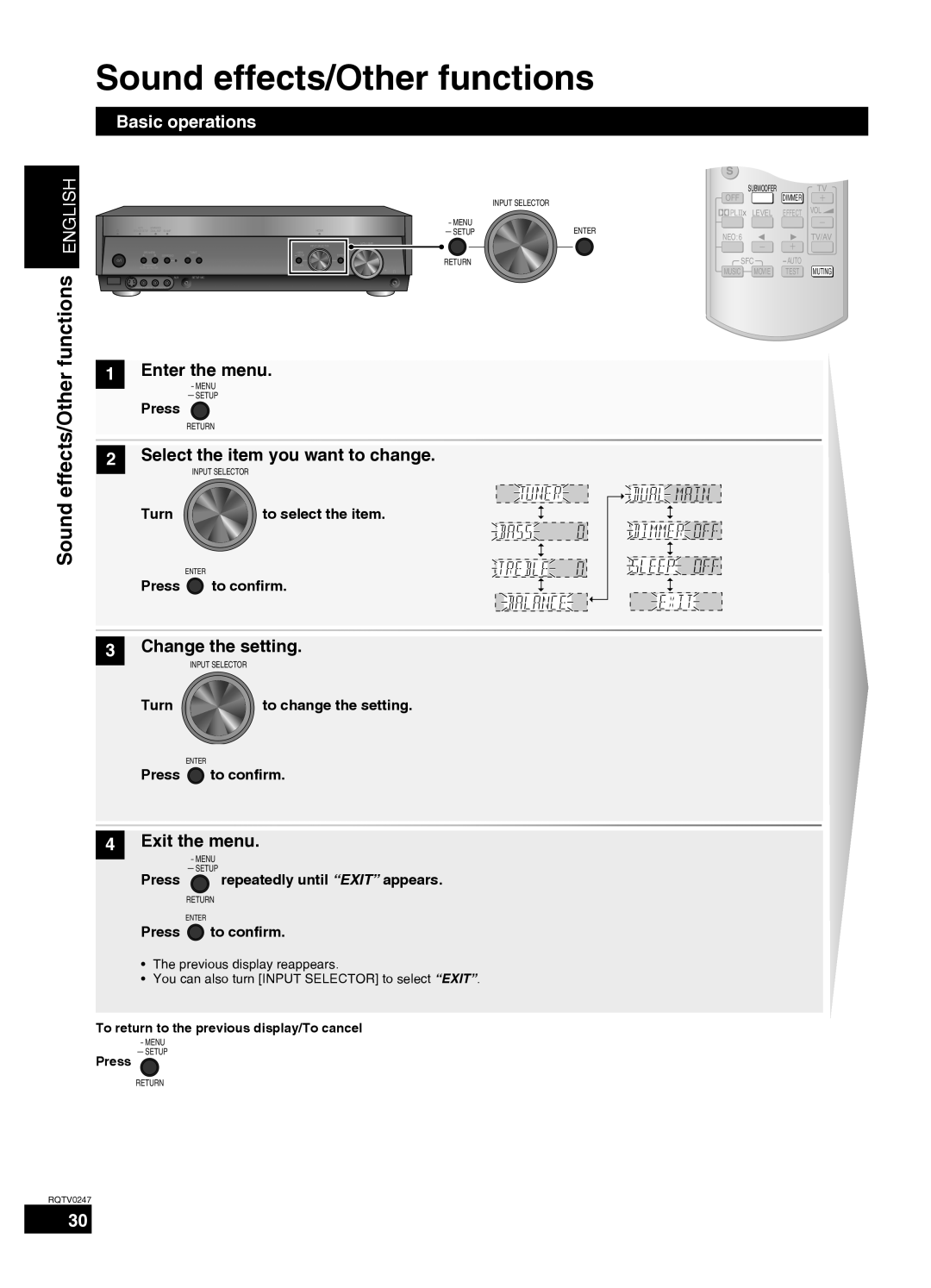 Panasonic SA-XR59 Sound effects/Other functions, 1Enter the menu, Basic operations, English, 3Change the setting, Sub Menu 
