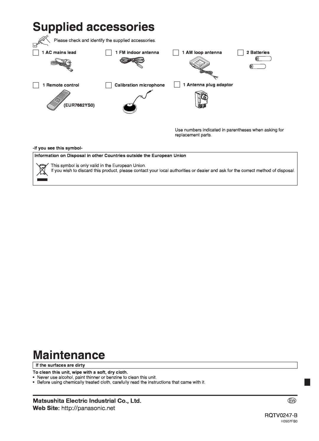 Panasonic SA-XR59 manual Supplied accessories, Maintenance, RQTV0247-B 
