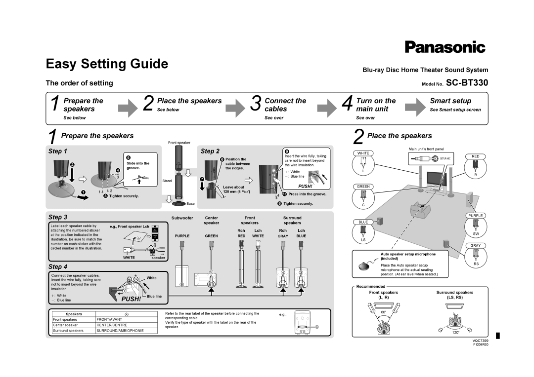 Panasonic SCBT7399, SABT7399 manual The order of setting, Easy Setting Guide 