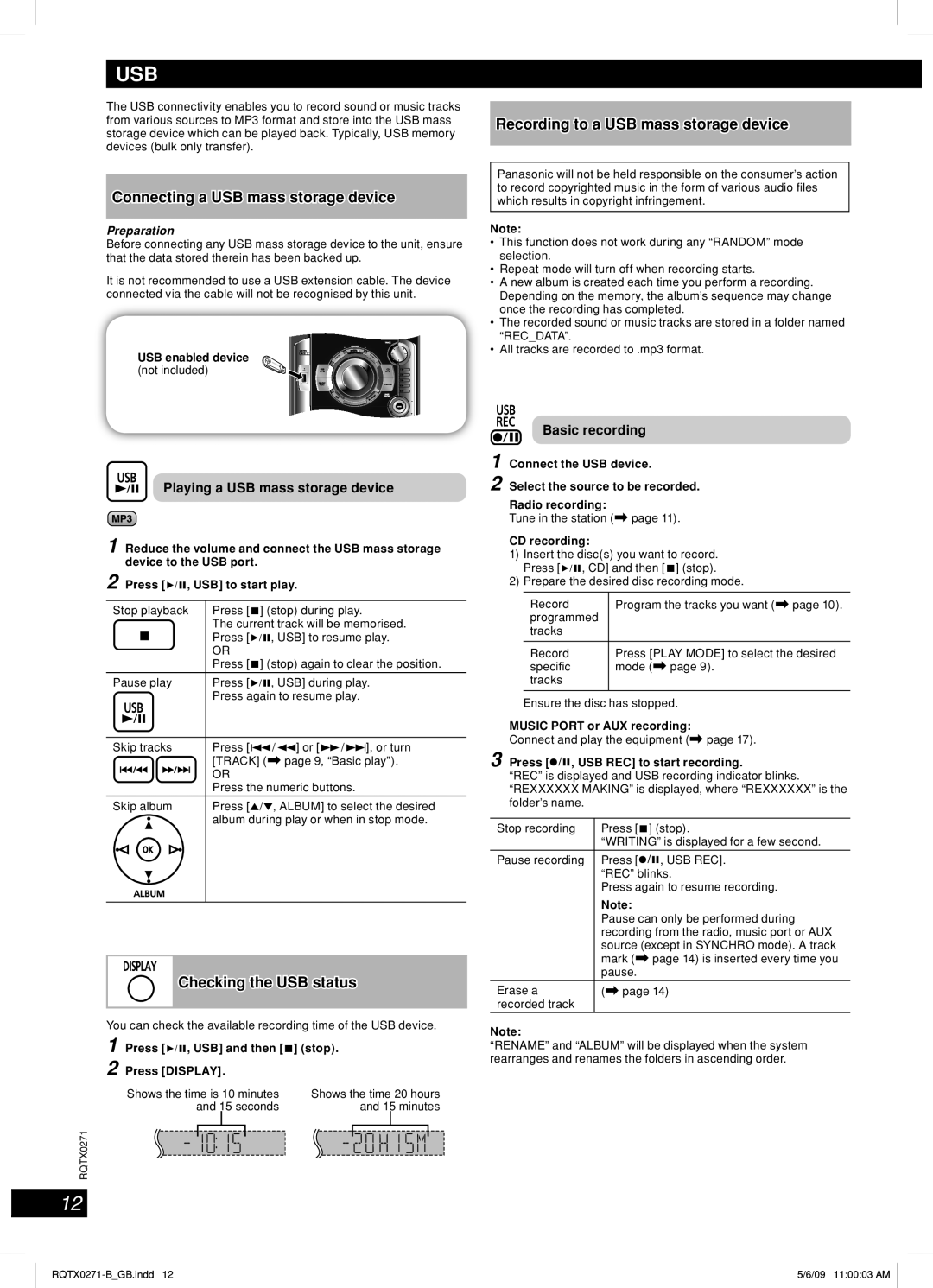 Panasonic SB-AK780 manual Connecting a USB mass storage device, Checking the USB status, Playing a USB mass storage device 