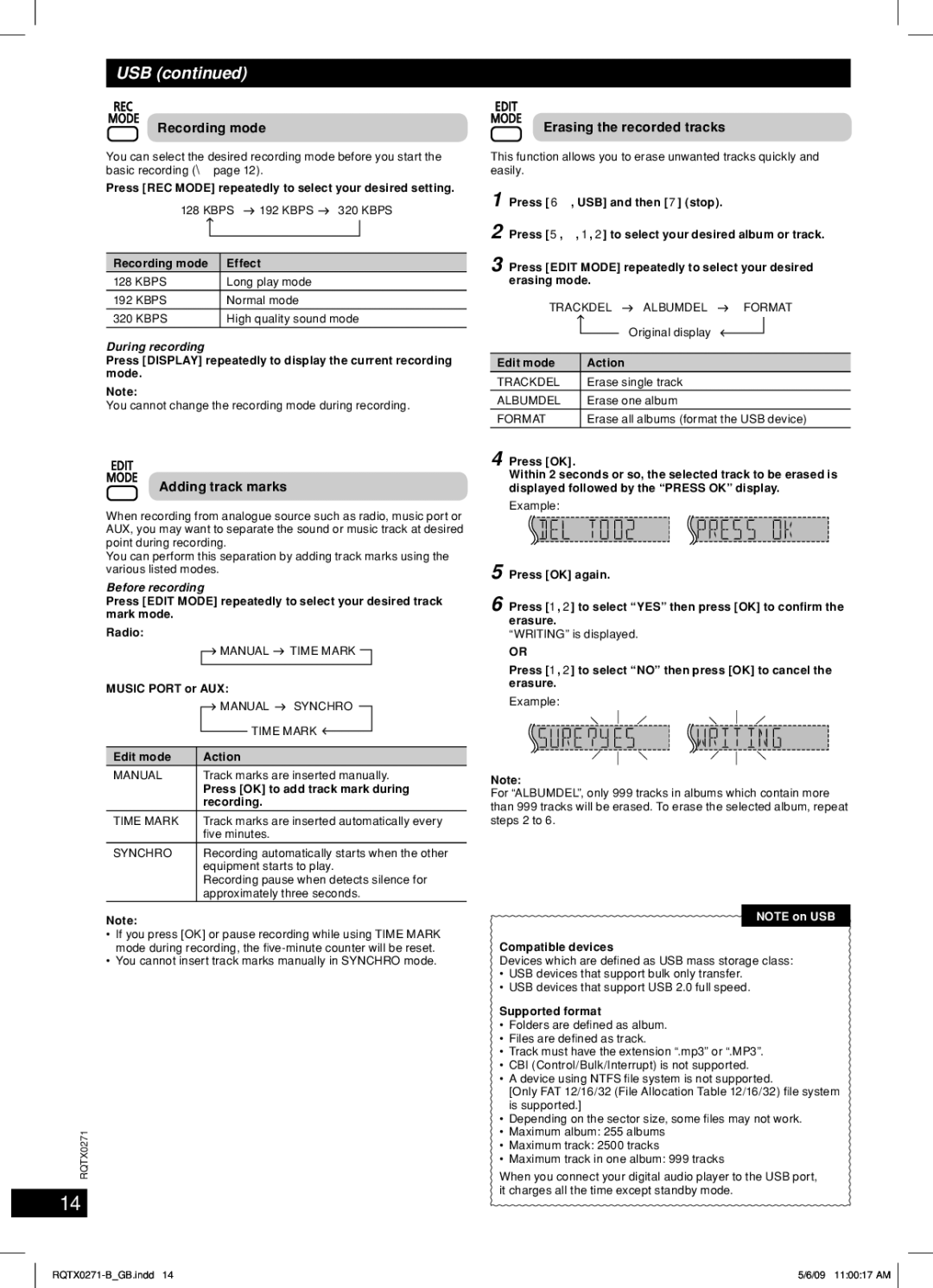 Panasonic SB-AK780, SA-AK580 manual Usb, Recording mode, Adding track marks, Erasing the recorded tracks 