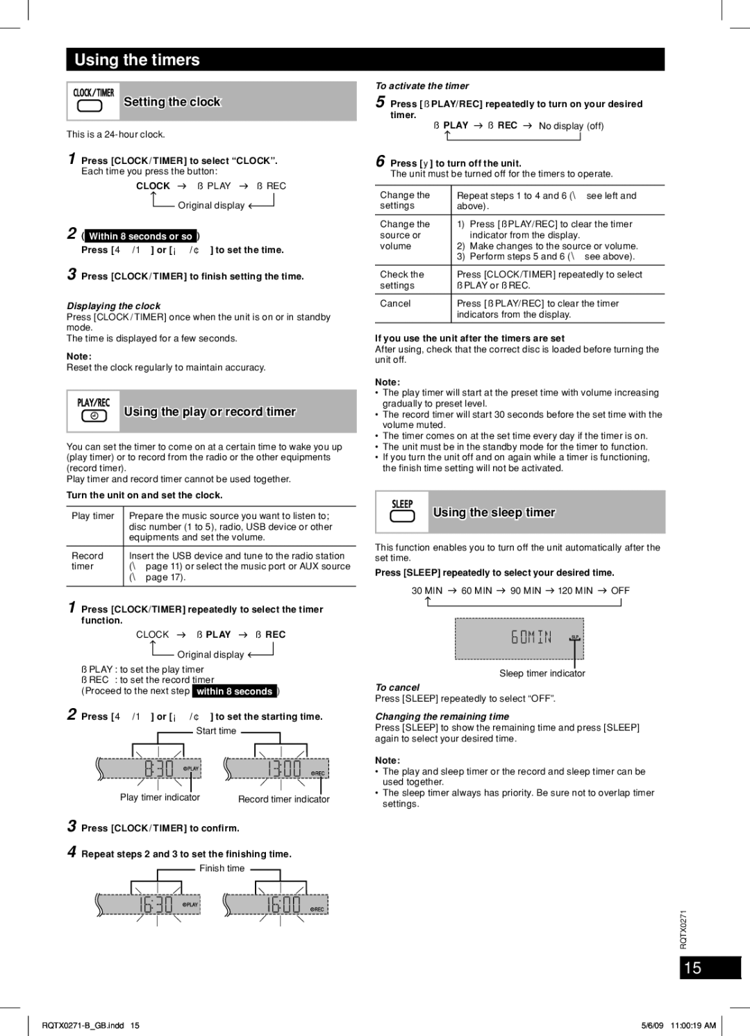 Panasonic SA-AK580, SB-AK780 Using the timers, Setting the clock, Using the play or record timer, Using the sleep timer 