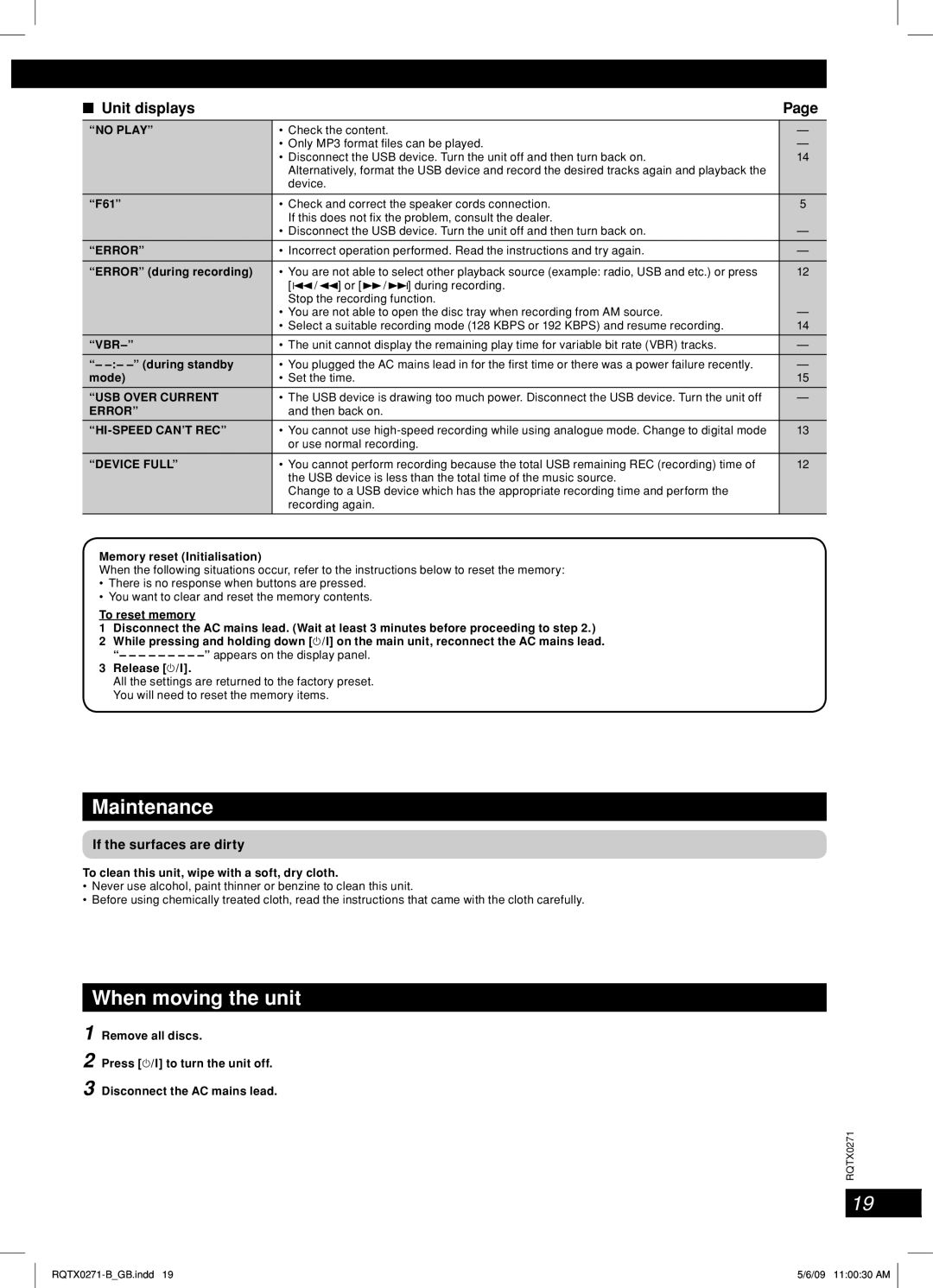 Panasonic SA-AK580, SB-AK780 manual Maintenance, When moving the unit, Unit displays, If the surfaces are dirty 