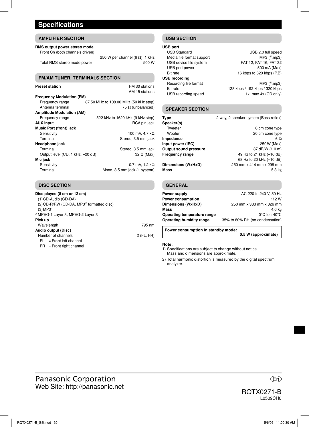 Panasonic SB-AK780, SA-AK580 manual Speciﬁcations 