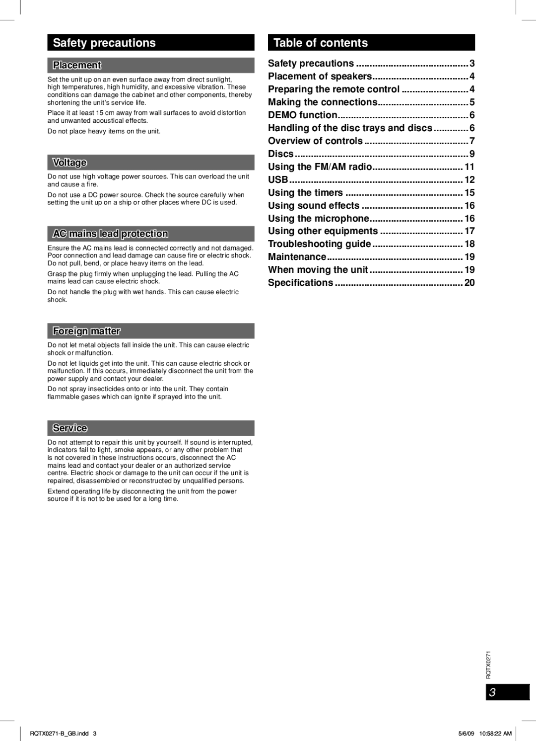 Panasonic SA-AK580, SB-AK780 manual Safety precautions, Table of contents 