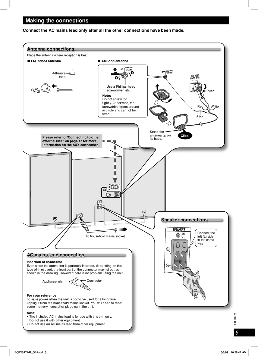 Panasonic SA-AK580, SB-AK780 Making the connections, Antenna connections, Speaker connections, AC mains lead connection 