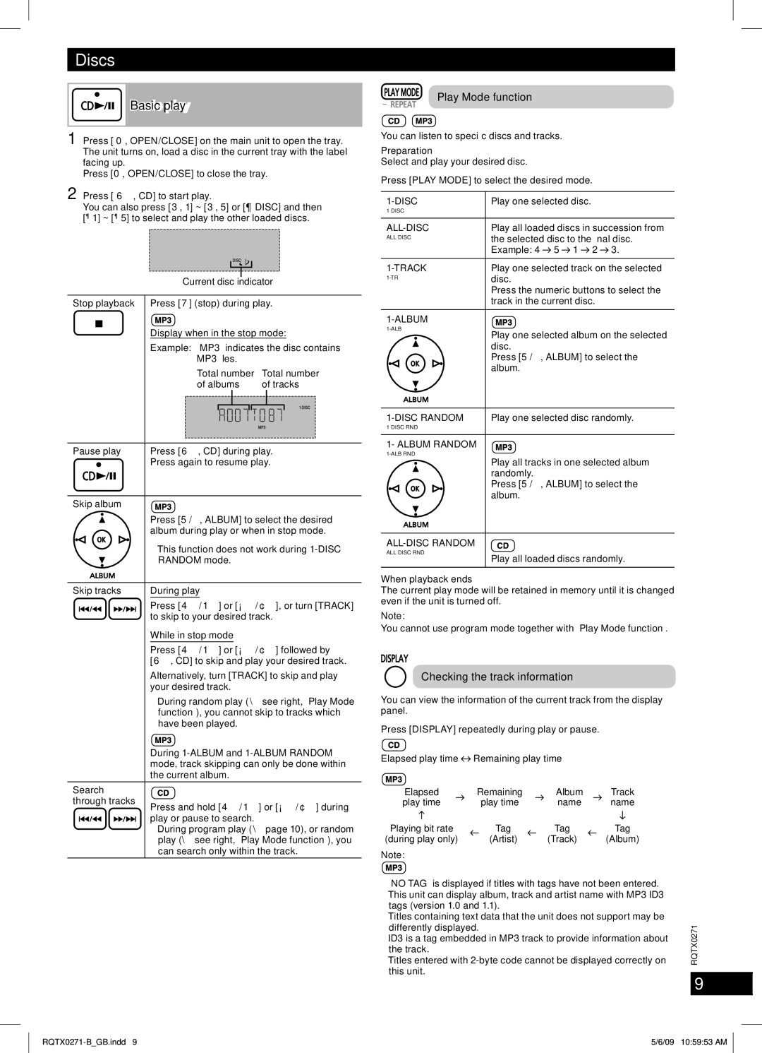 Panasonic SA-AK580, SB-AK780 manual Discs, Basic play, Play Mode function, Checking the track information, Preparation 