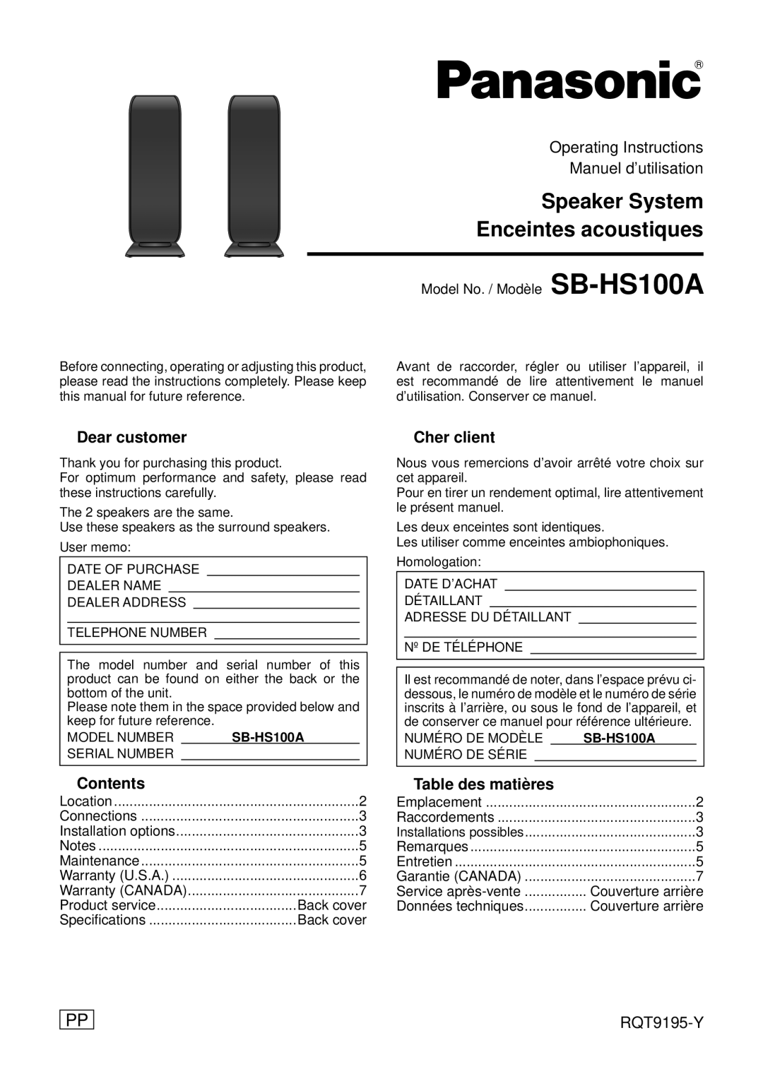 Panasonic SB-HS100A operating instructions Dear customer, Contents, Cher client, Table des matières 