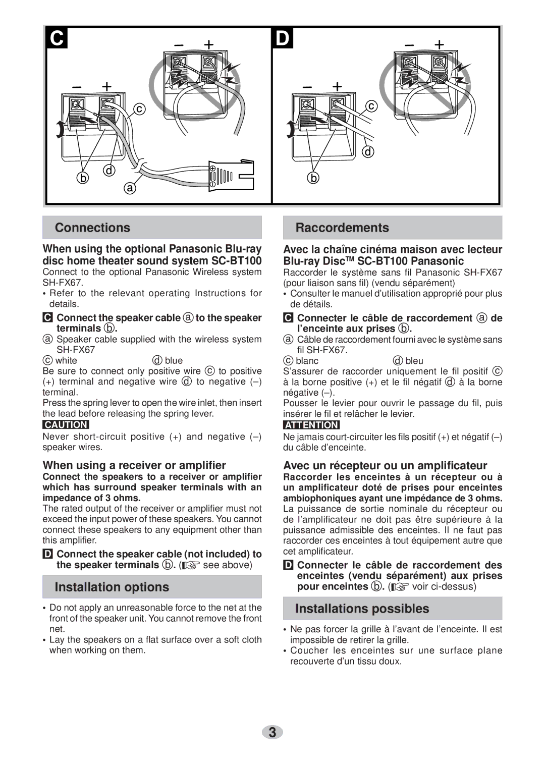 Panasonic SB-HS100A operating instructions Connections Raccordements, Installation options, Installations possibles 