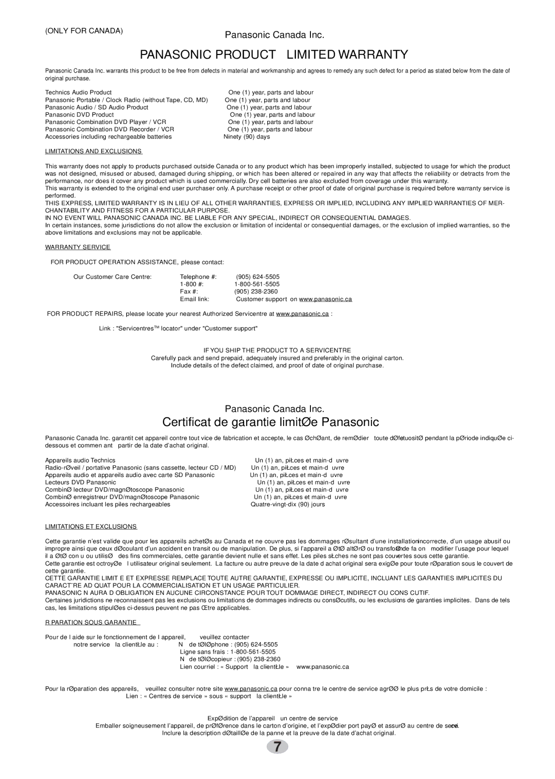 Panasonic SB-HS100A operating instructions Certificat de garantie limitée Panasonic, Panasonic Canada Inc 