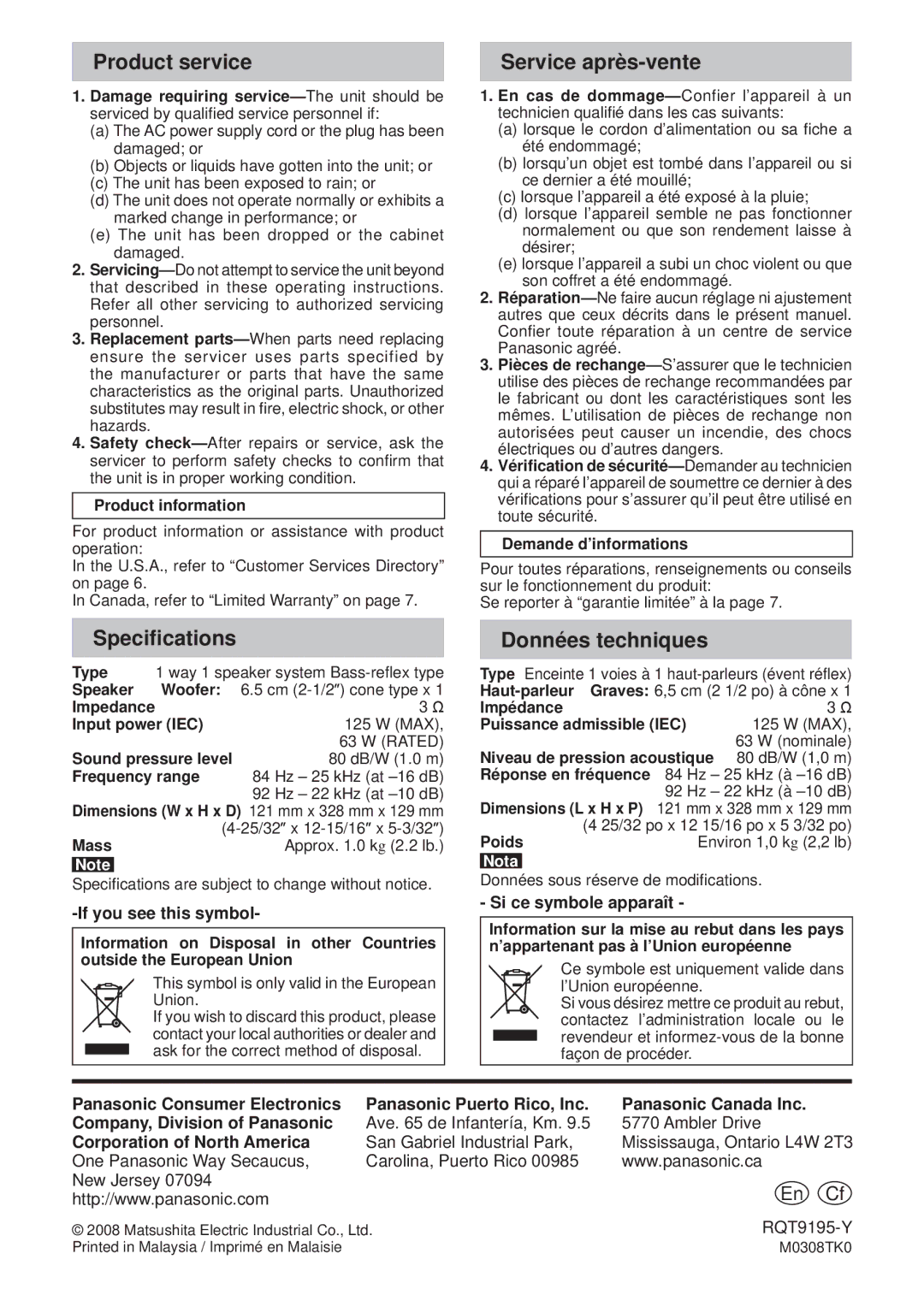 Panasonic SB-HS100A operating instructions Product service, Service après-vente, Speciﬁcations, Données techniques, En Cf 